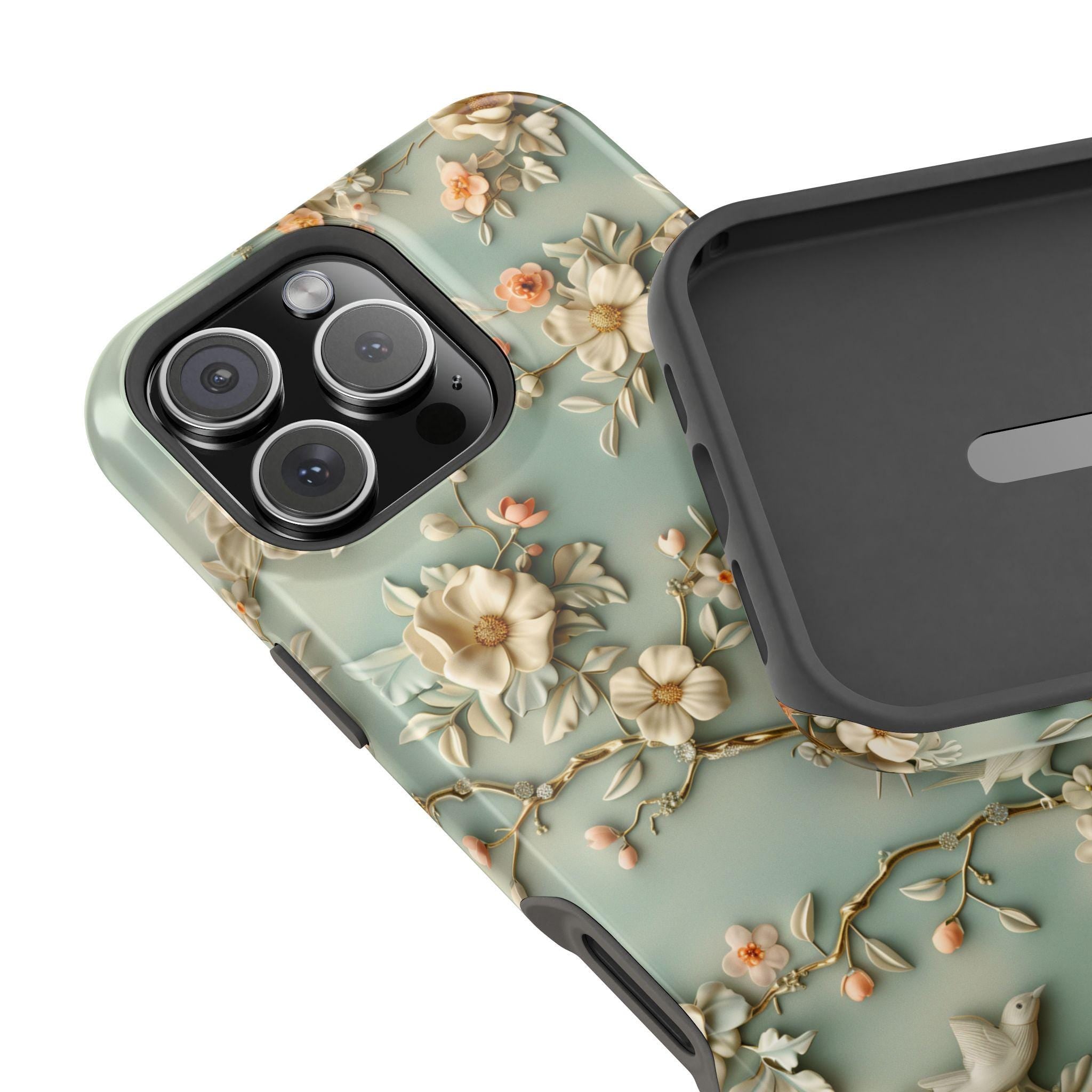 Elegant Chinoiserie MagSafe iPhone Case: Pastel Birds & Blooms for 13-16 Pro/Plus/Max Models