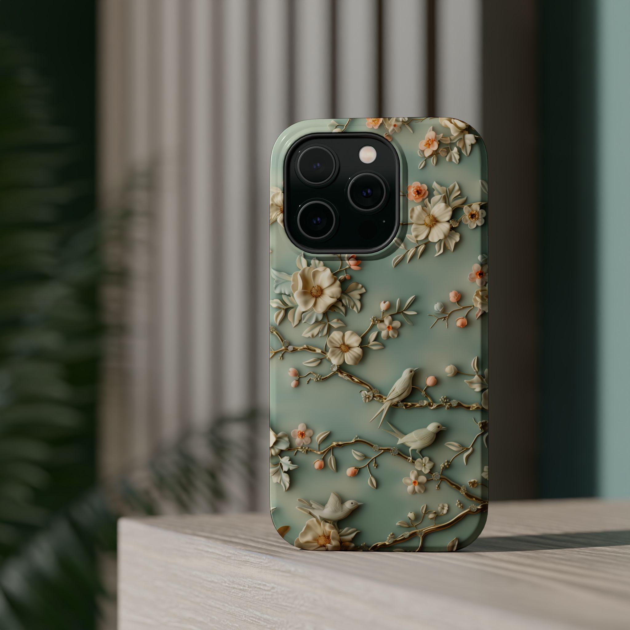 Elegant Chinoiserie MagSafe iPhone Case: Pastel Birds & Blooms for 13-16 Pro/Plus/Max Models