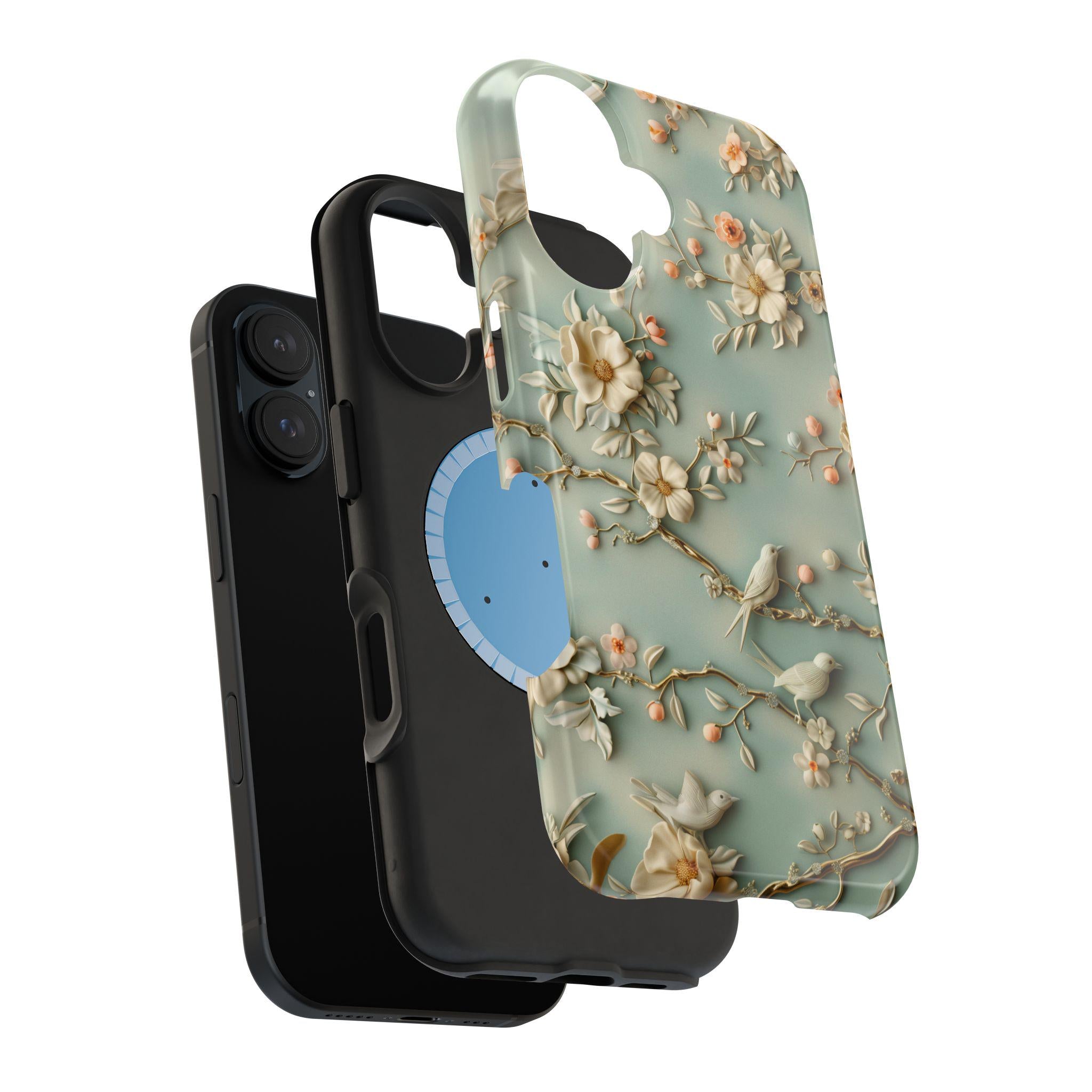 Elegant Chinoiserie MagSafe iPhone Case: Pastel Birds & Blooms for 13-16 Pro/Plus/Max Models