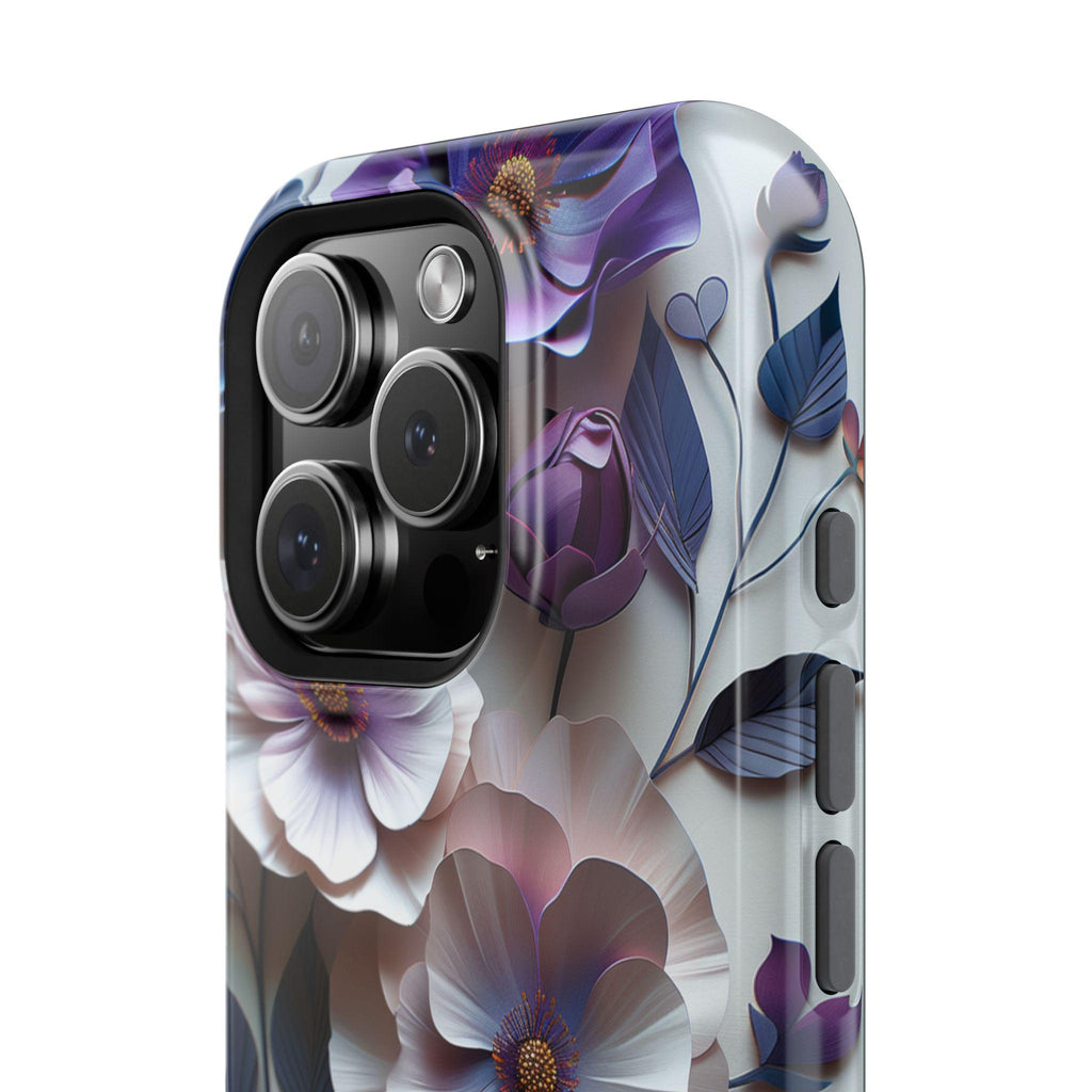 Elegant Floral MagSafe iPhone Case: Purple & Blue Bloom Design for 13-16 Series (All Models)