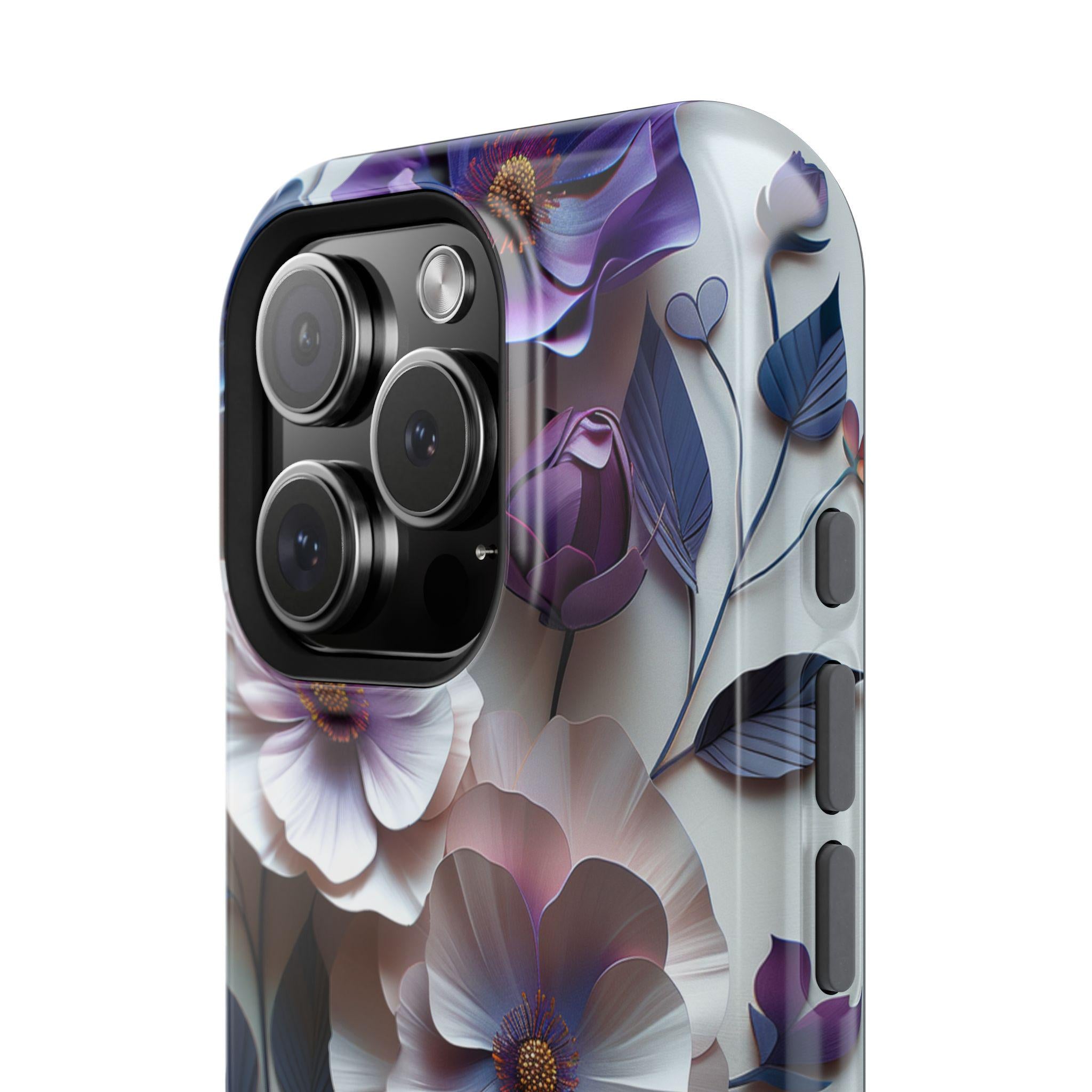 Elegant Floral MagSafe iPhone Case: Purple & Blue Bloom Design for 13-16 Series (All Models)