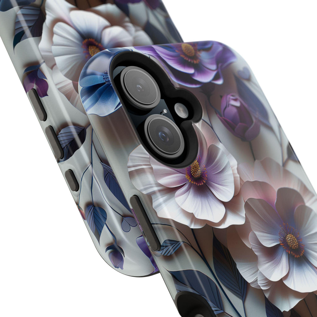 Elegant Floral MagSafe iPhone Case: Purple & Blue Bloom Design for 13-16 Series (All Models)