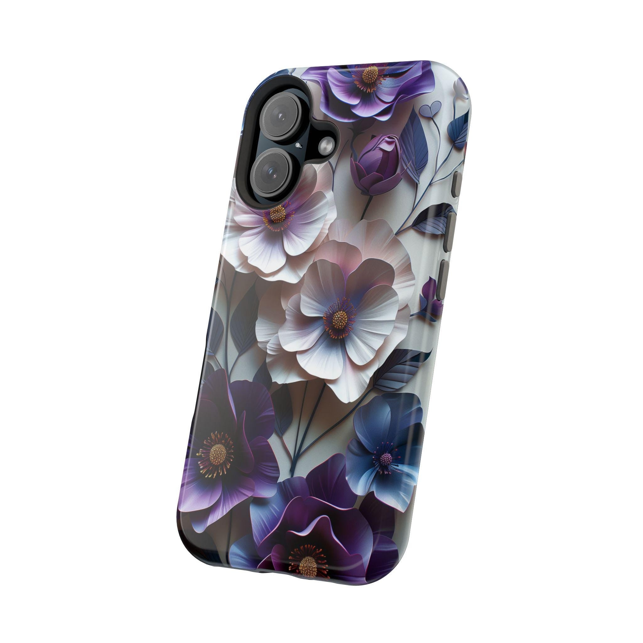Elegant Floral MagSafe iPhone Case: Purple & Blue Bloom Design for 13-16 Series (All Models)
