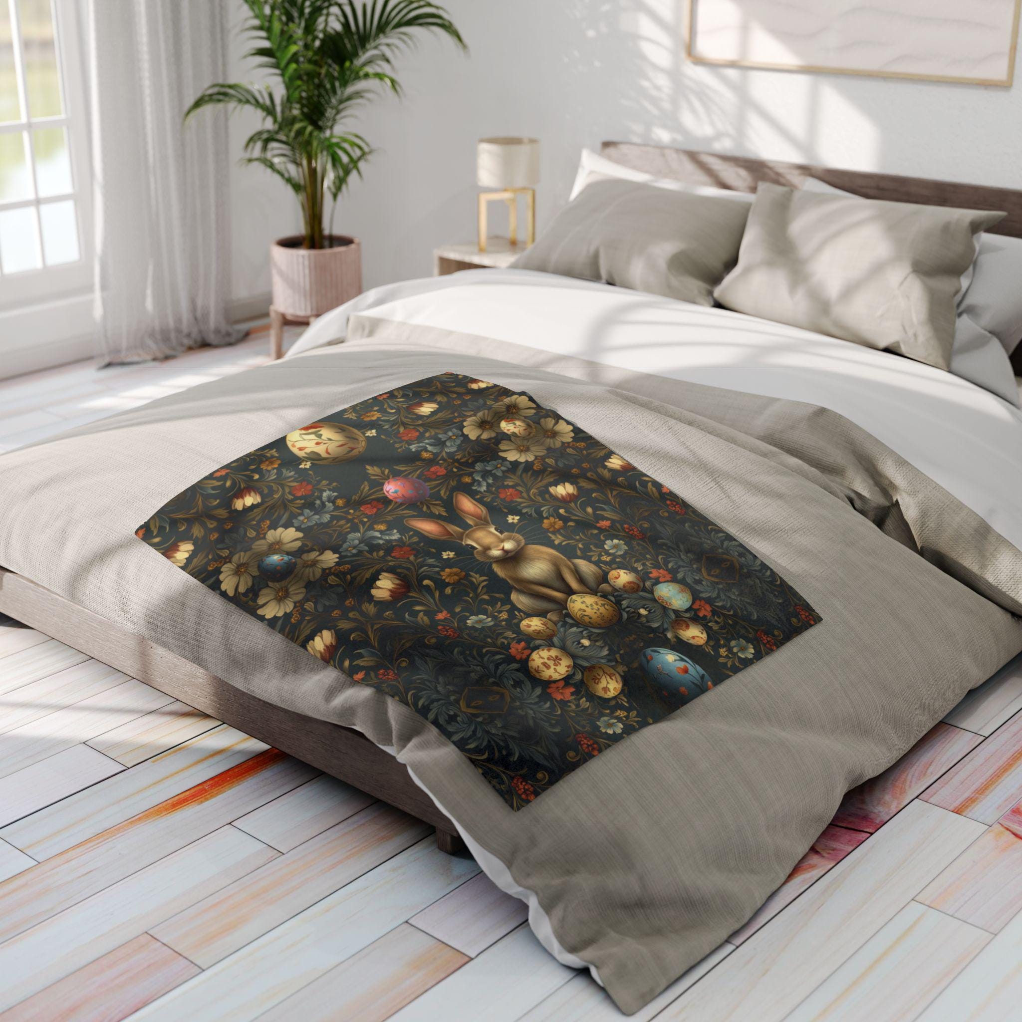 Easter Throw Blanket: William Morris Inspired Floral Design Deep Navy Vintage Style Decor Fleece Throw