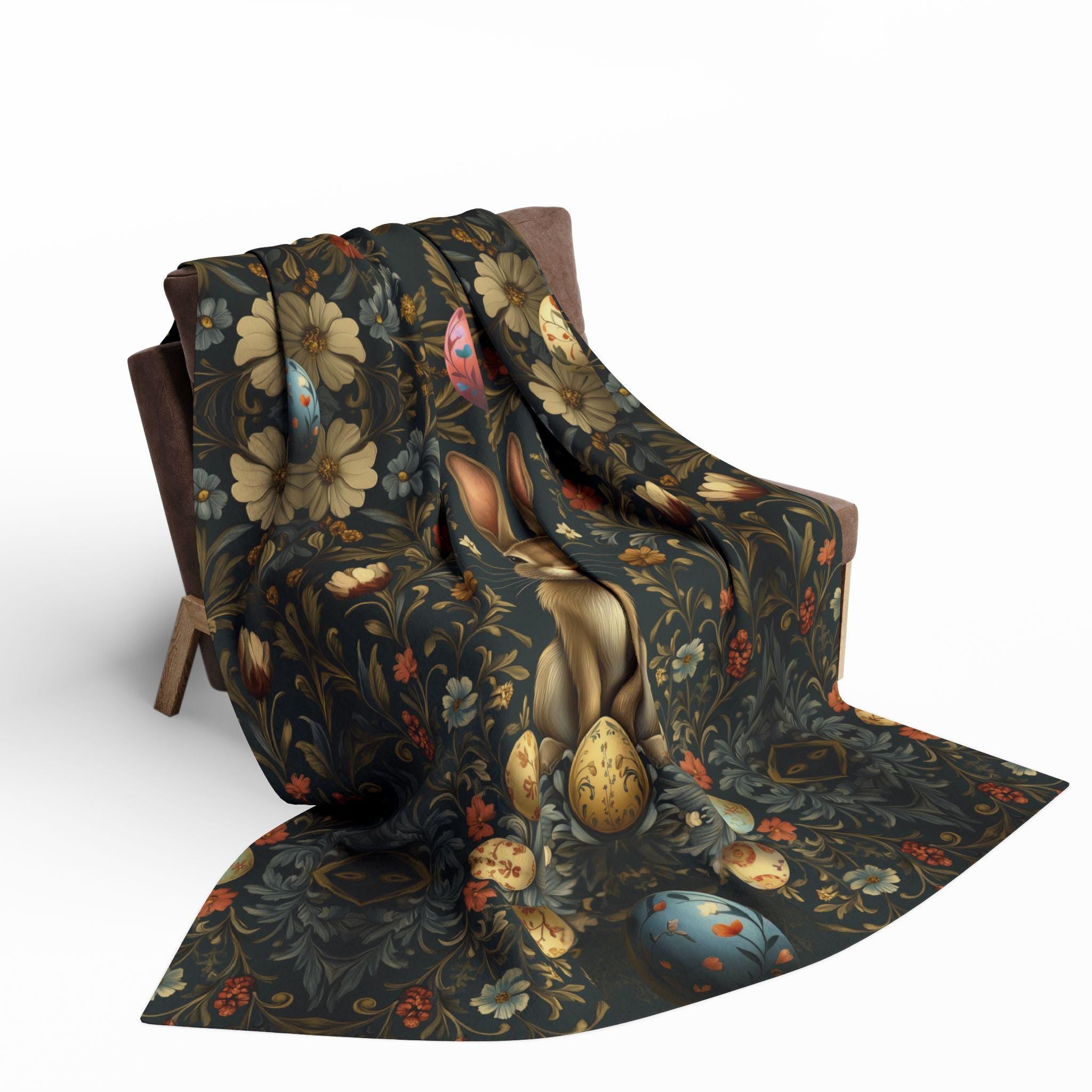Easter Throw Blanket: William Morris Inspired Floral Design Deep Navy Vintage Style Decor Fleece Throw