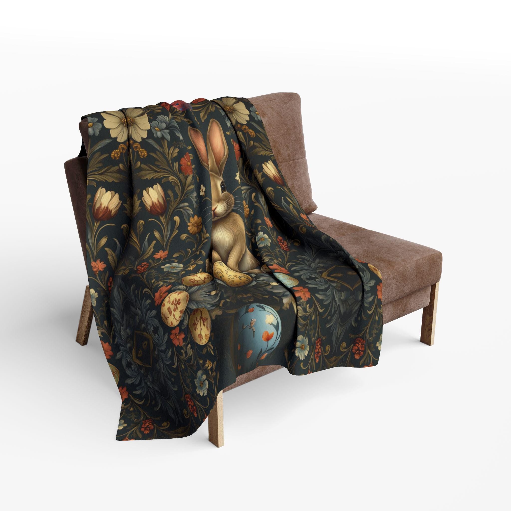 Easter Throw Blanket: William Morris Inspired Floral Design Deep Navy Vintage Style Decor Fleece Throw