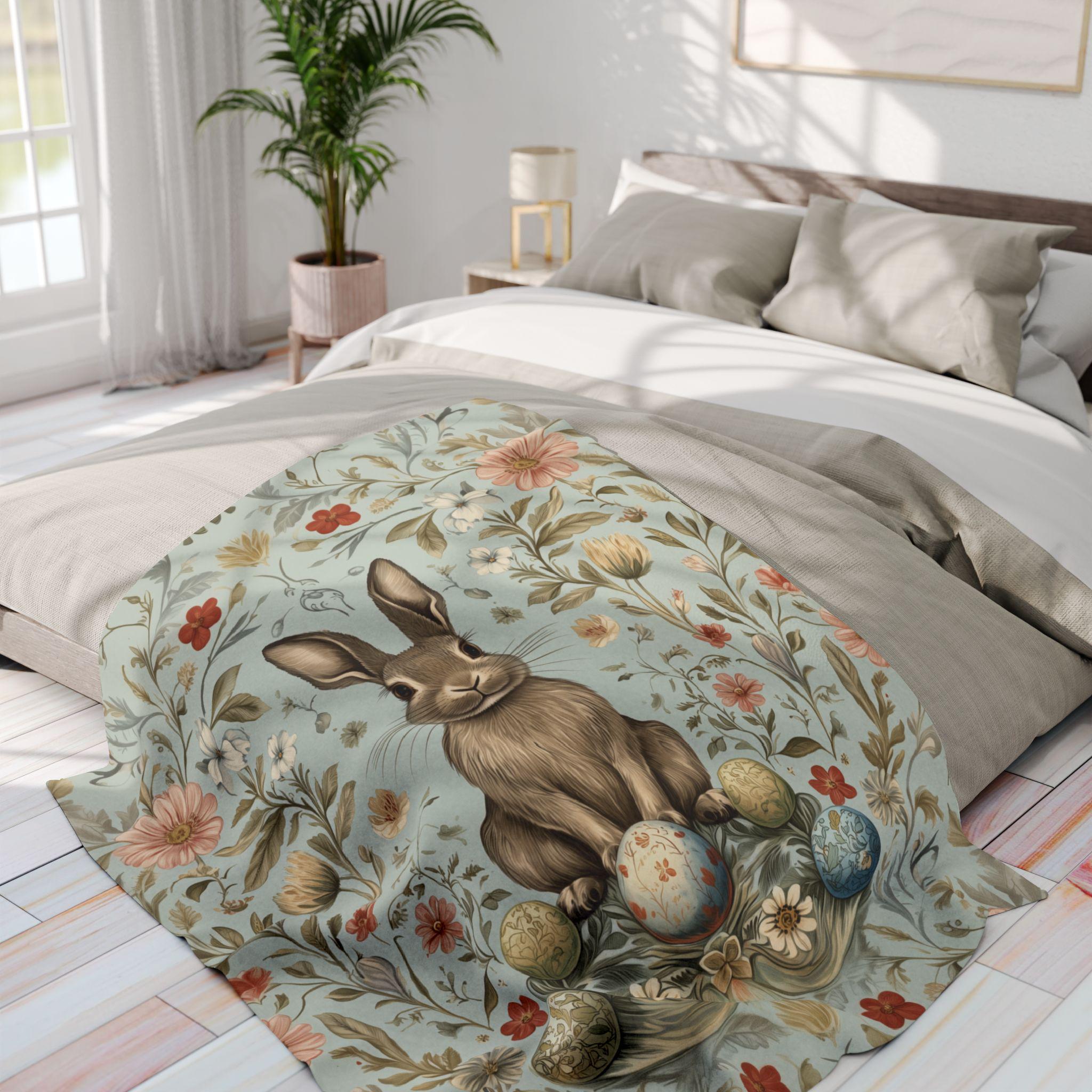Vintage-Inspired Easter Bunny Fleece Throw: William Morris Floral Art, Pastel Blue Spring Decor