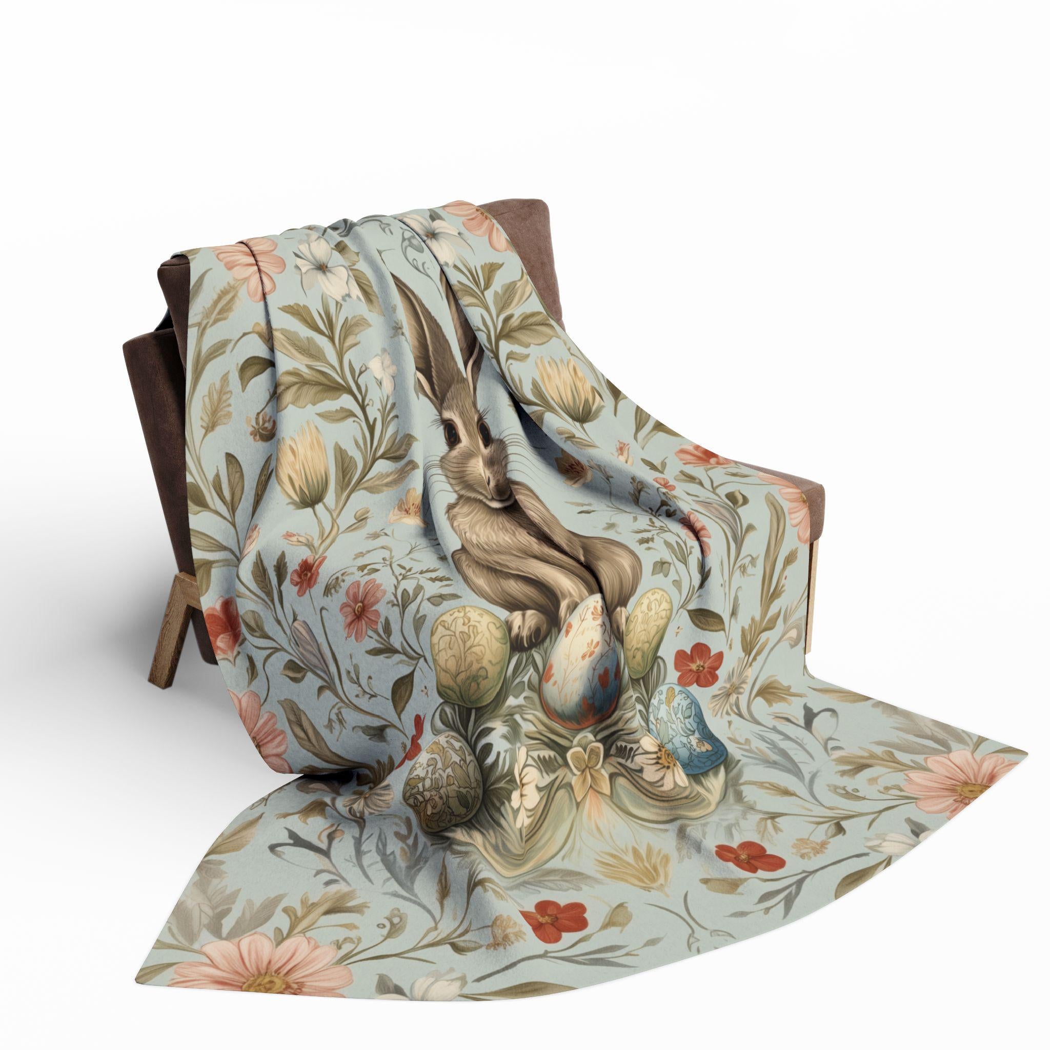 Vintage-Inspired Easter Bunny Fleece Throw: William Morris Floral Art, Pastel Blue Spring Decor