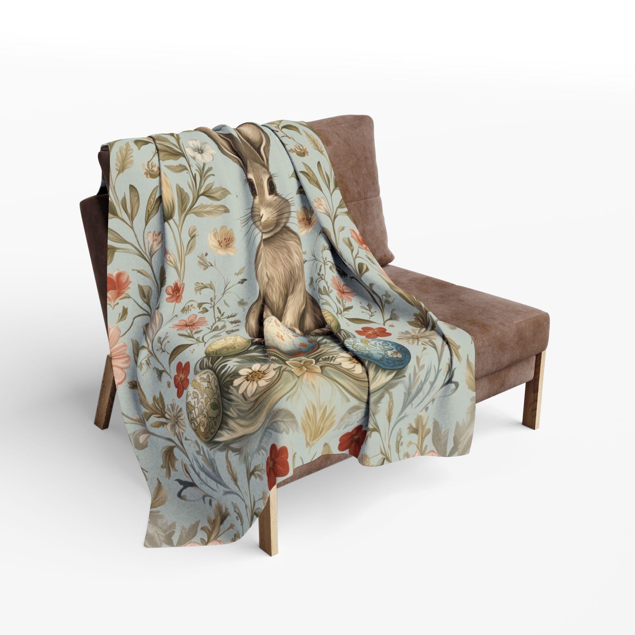 Vintage-Inspired Easter Bunny Fleece Throw: William Morris Floral Art, Pastel Blue Spring Decor