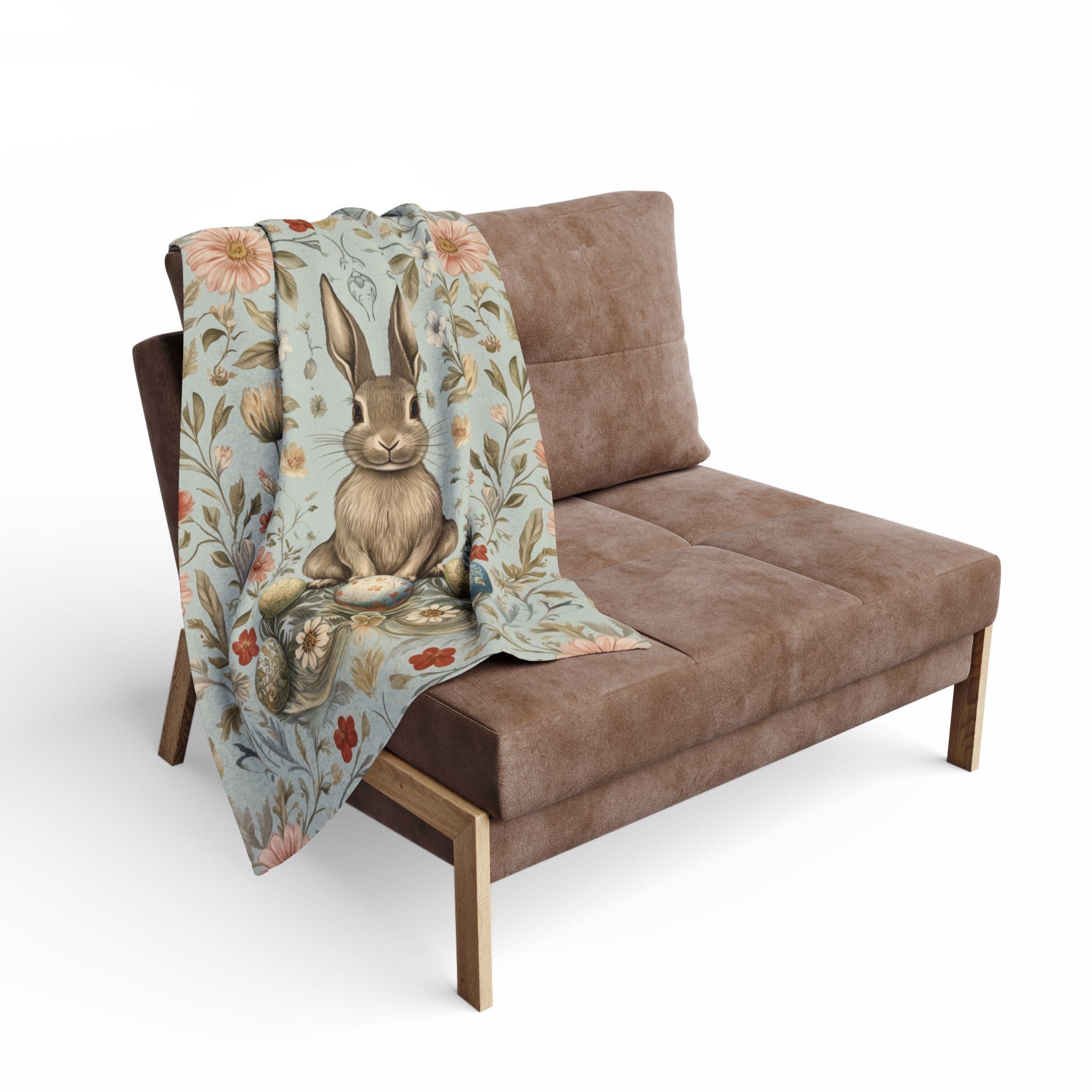 Vintage-Inspired Easter Bunny Fleece Throw: William Morris Floral Art, Pastel Blue Spring Decor