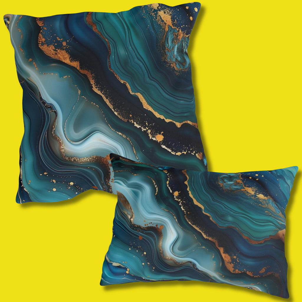 Elegant Ocean Waves Outdoor Pillow, Dark Blue & Teal with Gold Accents, Water-Resistant Patio Cushion