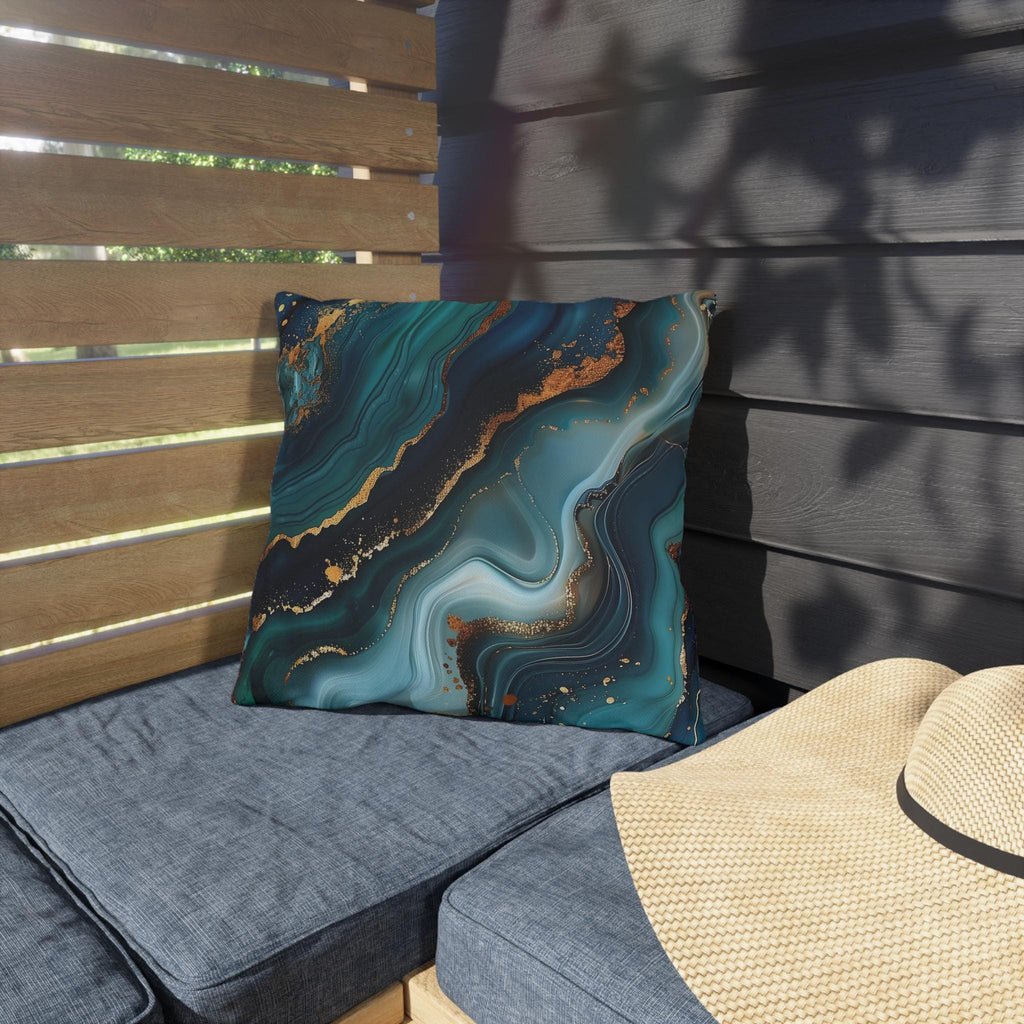 Elegant Ocean Waves Outdoor Pillow, Dark Blue & Teal with Gold Accents, Water-Resistant Patio Cushion
