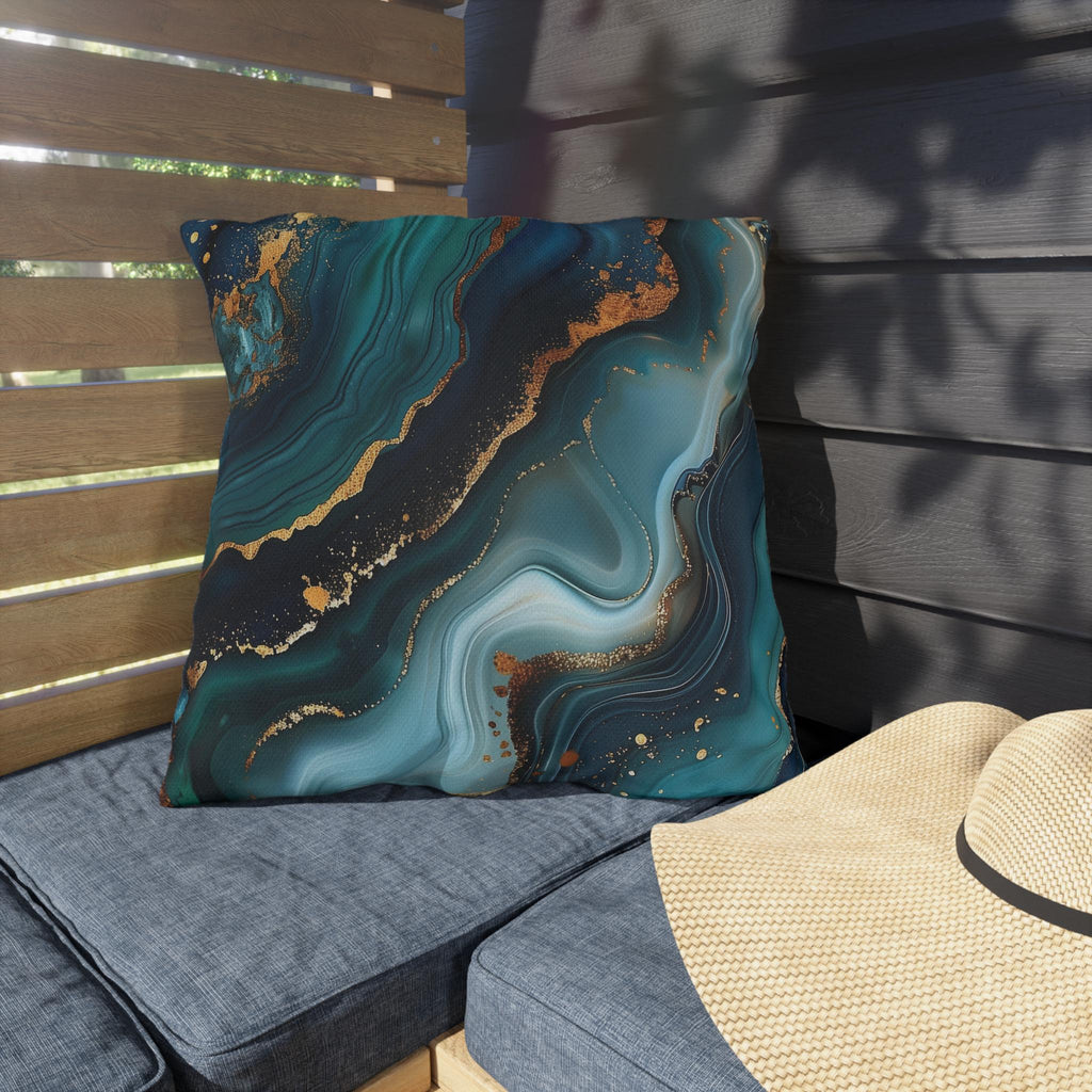 Elegant Ocean Waves Outdoor Pillow, Dark Blue & Teal with Gold Accents, Water-Resistant Patio Cushion