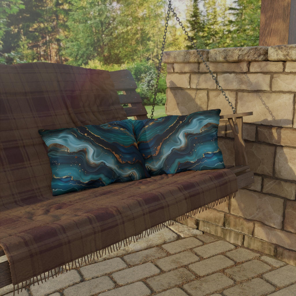 Elegant Ocean Waves Outdoor Pillow, Dark Blue & Teal with Gold Accents, Water-Resistant Patio Cushion