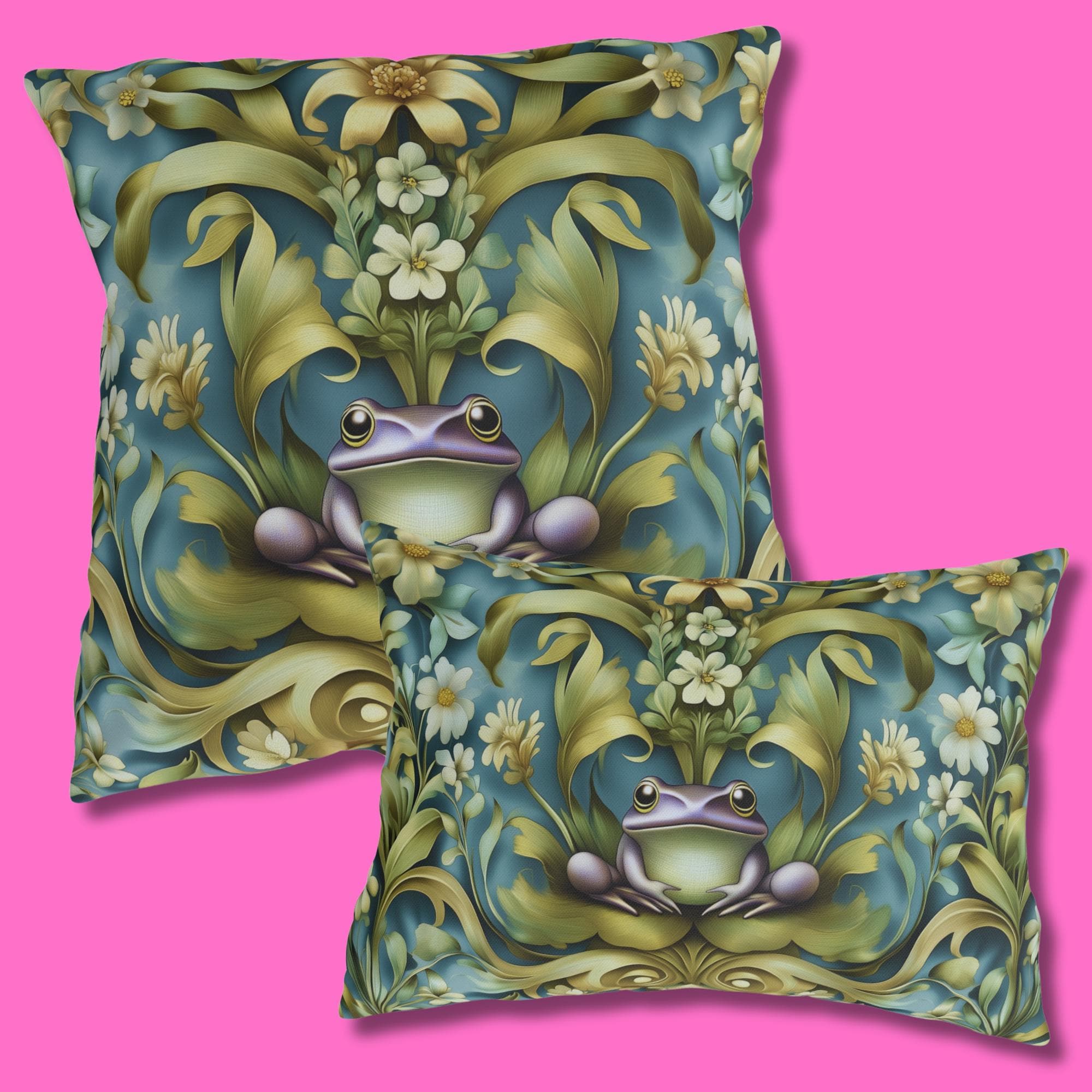 Elegant Art Nouveau Frog Pillow: Weather-Resistant Garden Decor, Nature-Inspired Patio Cushion