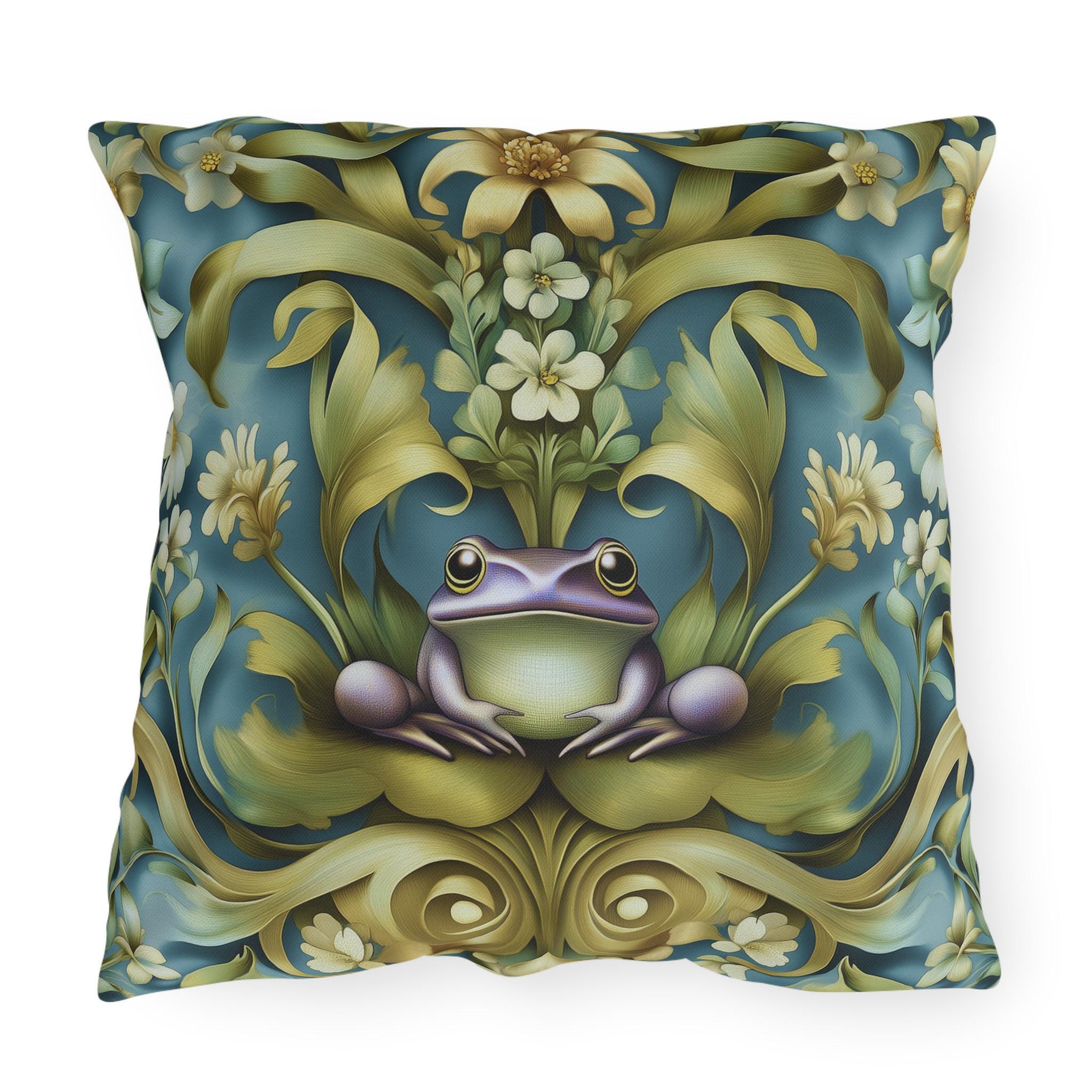 Elegant Art Nouveau Frog Pillow: Weather-Resistant Garden Decor, Nature-Inspired Patio Cushion