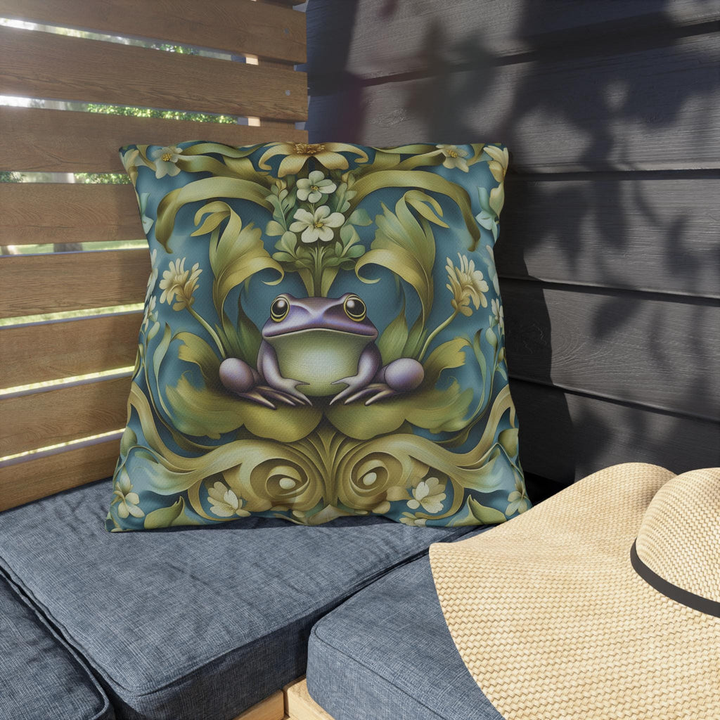 Elegant Art Nouveau Frog Pillow: Weather-Resistant Garden Decor, Nature-Inspired Patio Cushion
