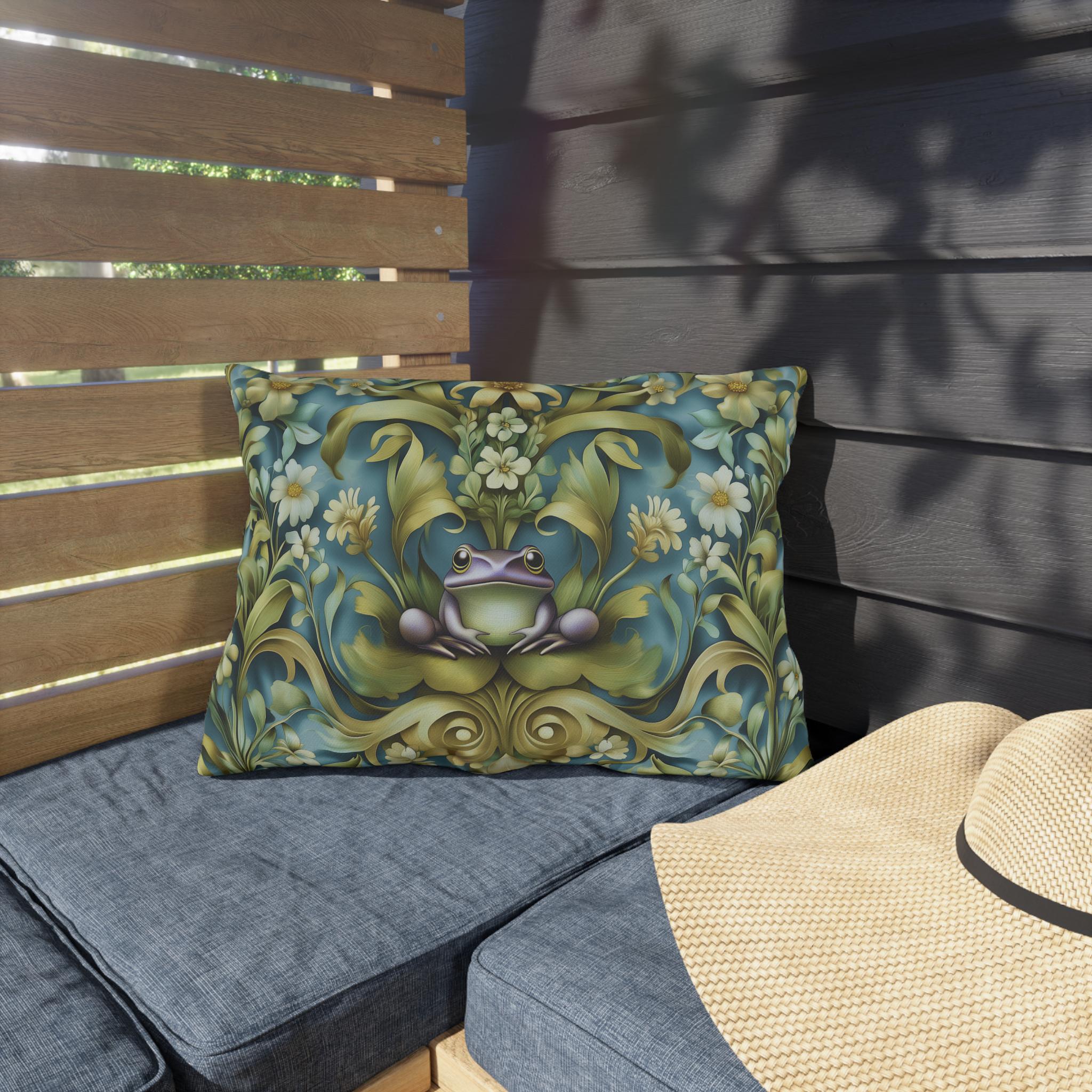 Elegant Art Nouveau Frog Pillow: Weather-Resistant Garden Decor, Nature-Inspired Patio Cushion