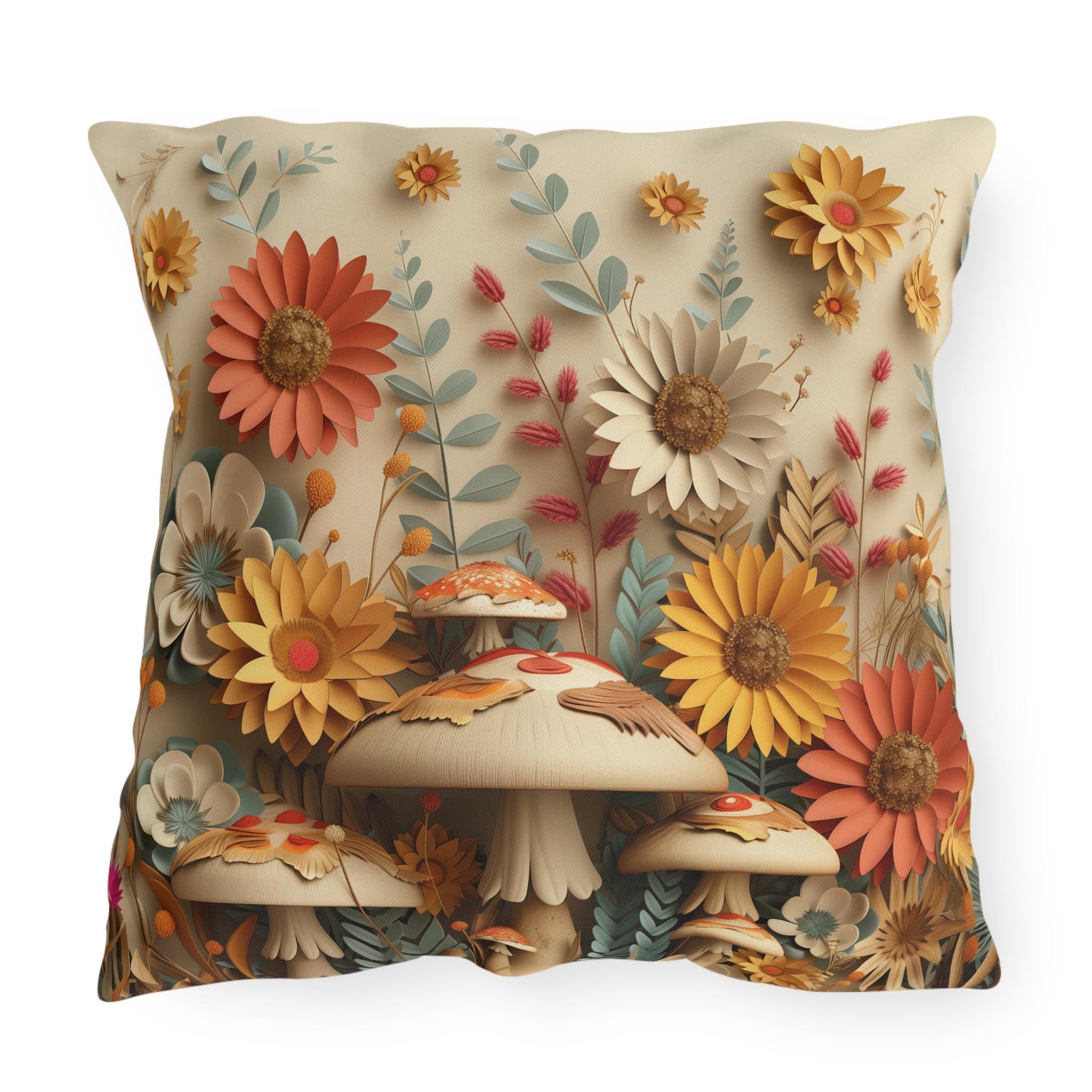 Whimsical Botanical Mushroom Outdoor Pillow: Nature-Inspired Garden Accent for Cozy Patio Decor
