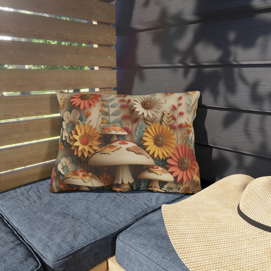 Whimsical Botanical Mushroom Outdoor Pillow: Nature-Inspired Garden Accent for Cozy Patio Decor