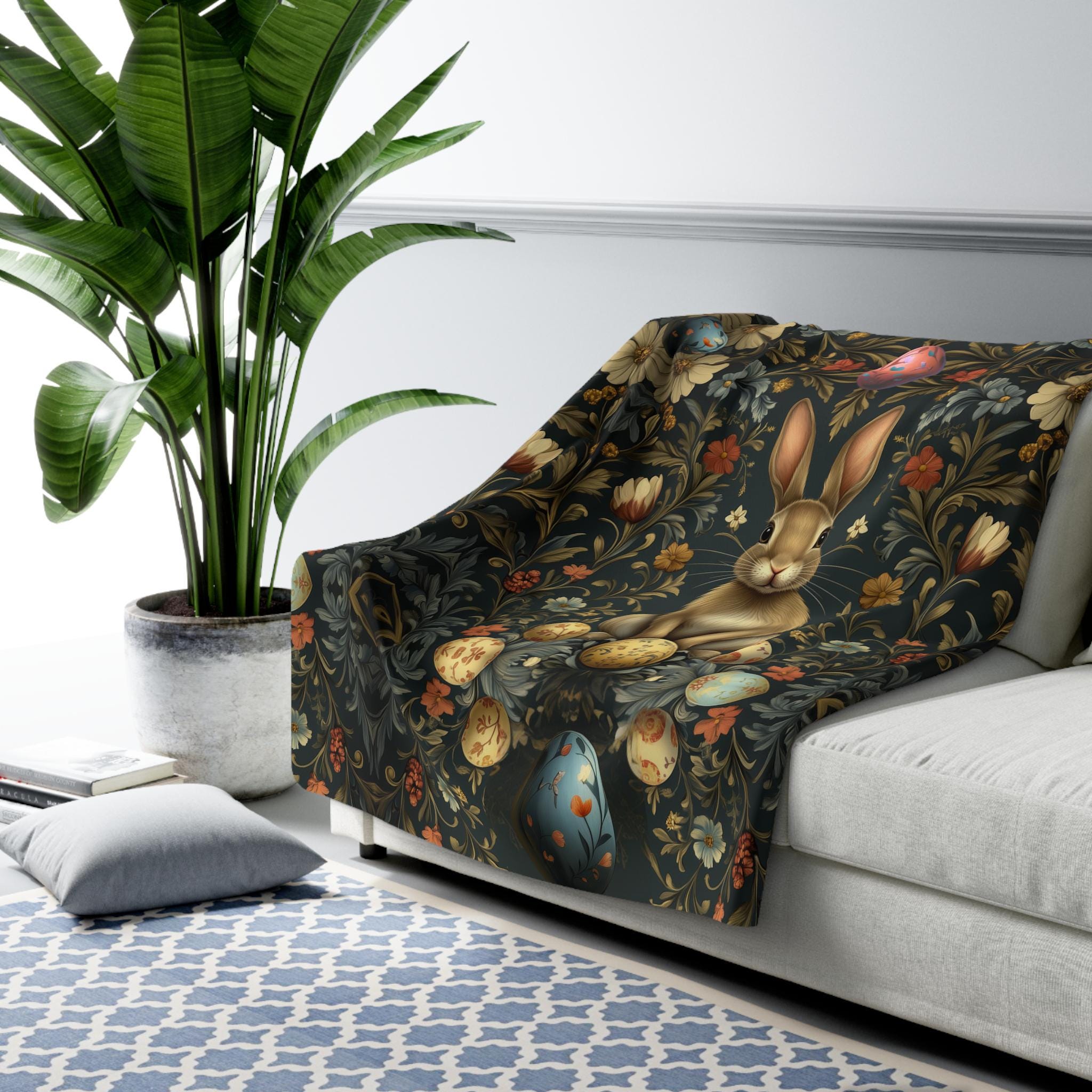 Easter Throw Blanket: William Morris Inspired Floral Design Deep Navy Vintage Style Decor Fleece Throw