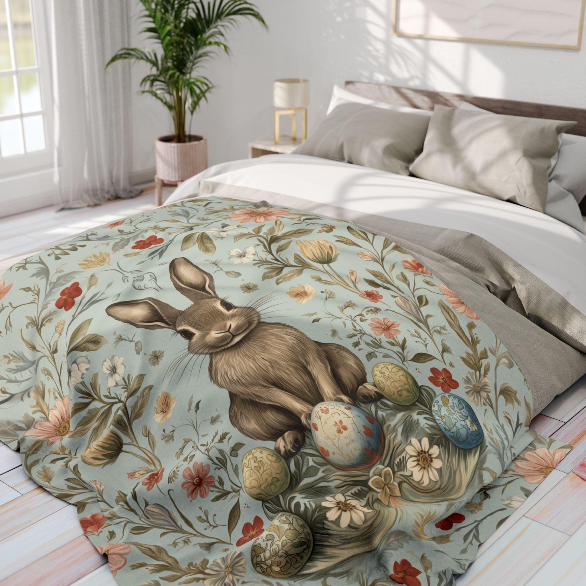 Vintage-Inspired Easter Bunny Fleece Throw: William Morris Floral Art, Pastel Blue Spring Decor