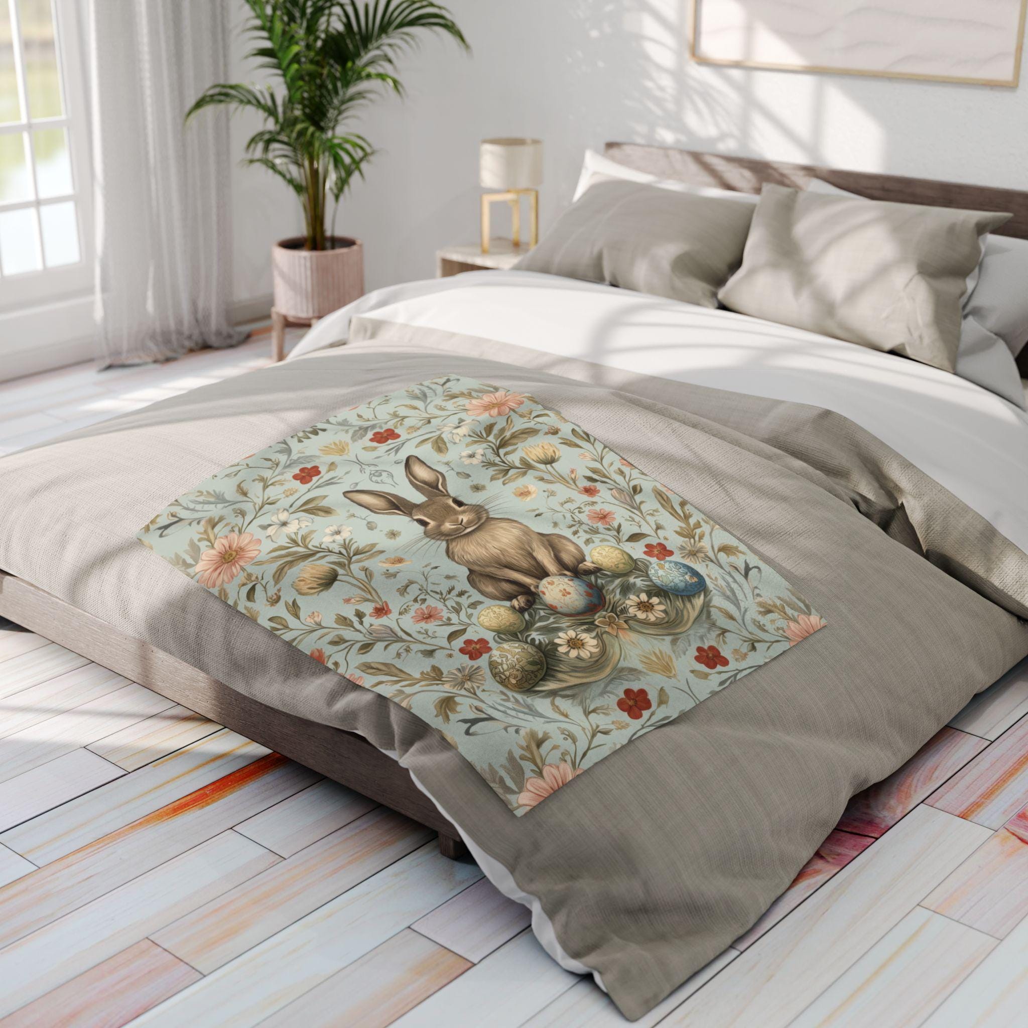 Vintage-Inspired Easter Bunny Fleece Throw: William Morris Floral Art, Pastel Blue Spring Decor