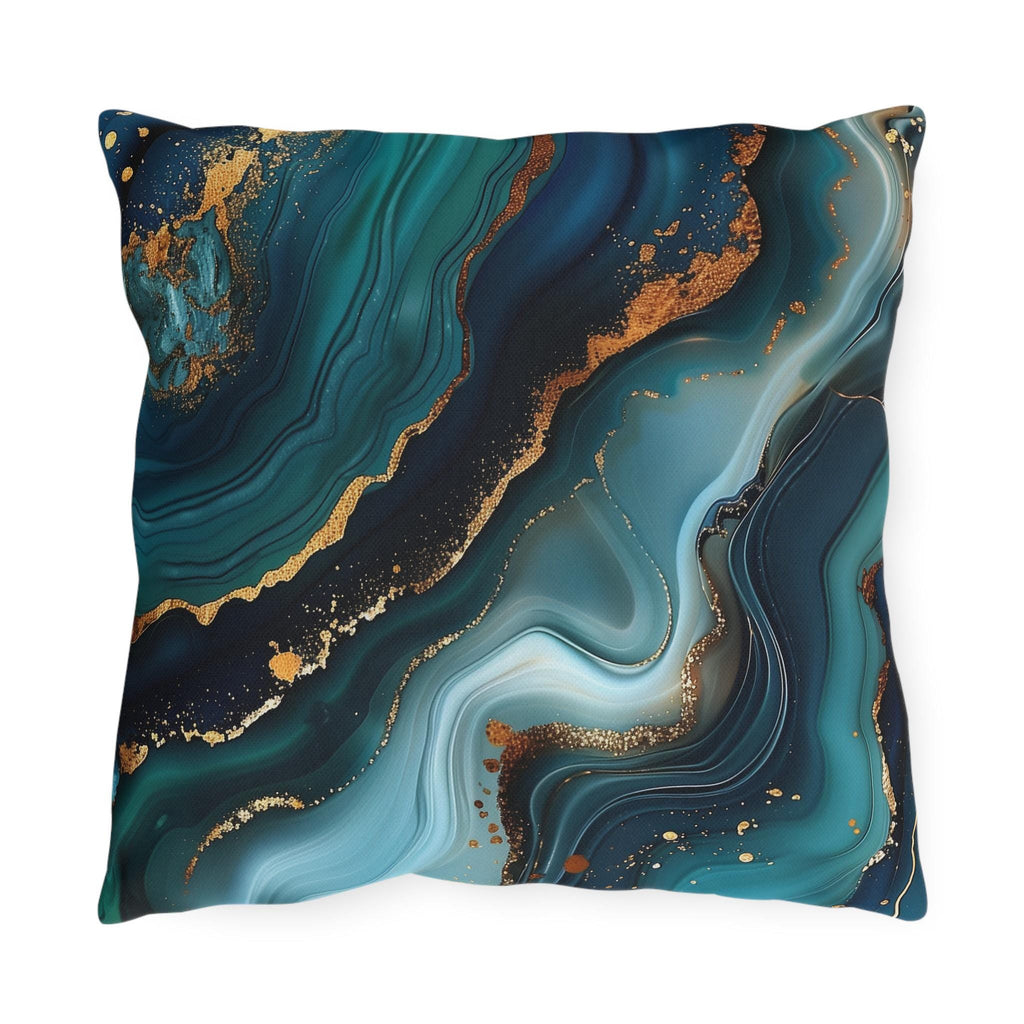 Elegant Ocean Waves Outdoor Pillow, Dark Blue & Teal with Gold Accents, Water-Resistant Patio Cushion
