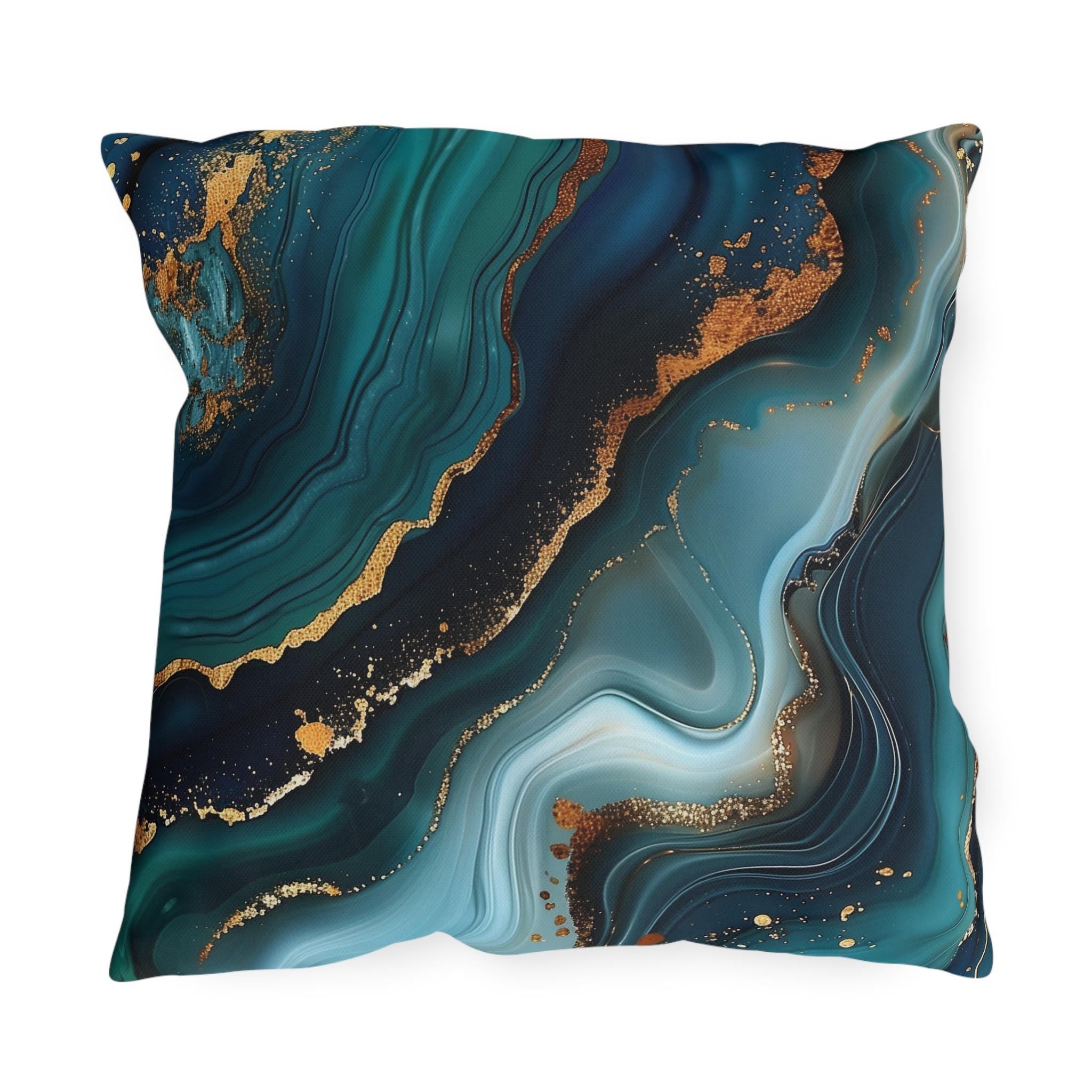 Elegant Ocean Waves Outdoor Pillow, Dark Blue & Teal with Gold Accents, Water-Resistant Patio Cushion