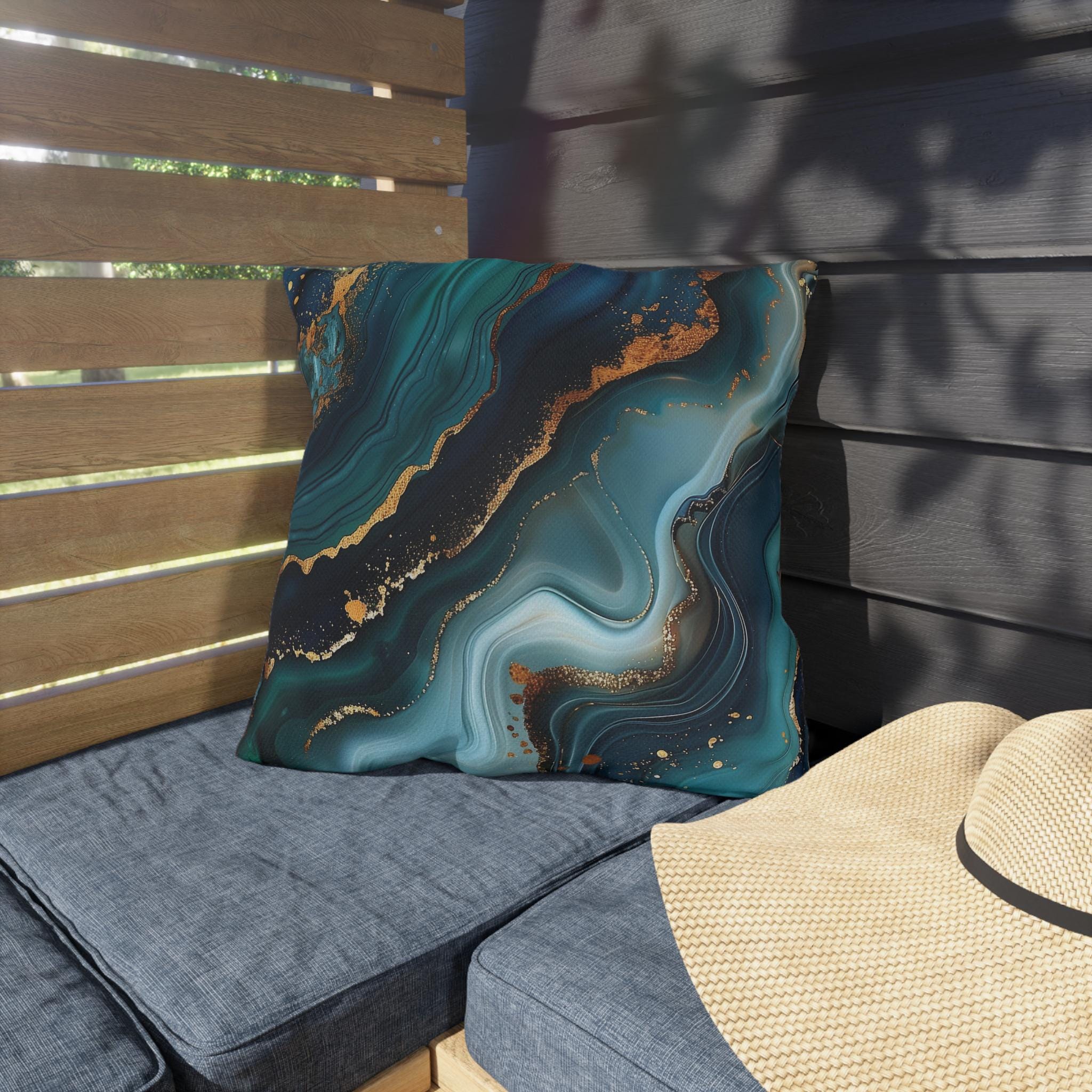Elegant Ocean Waves Outdoor Pillow, Dark Blue & Teal with Gold Accents, Water-Resistant Patio Cushion