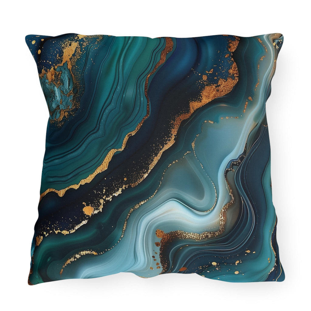 Elegant Ocean Waves Outdoor Pillow, Dark Blue & Teal with Gold Accents, Water-Resistant Patio Cushion