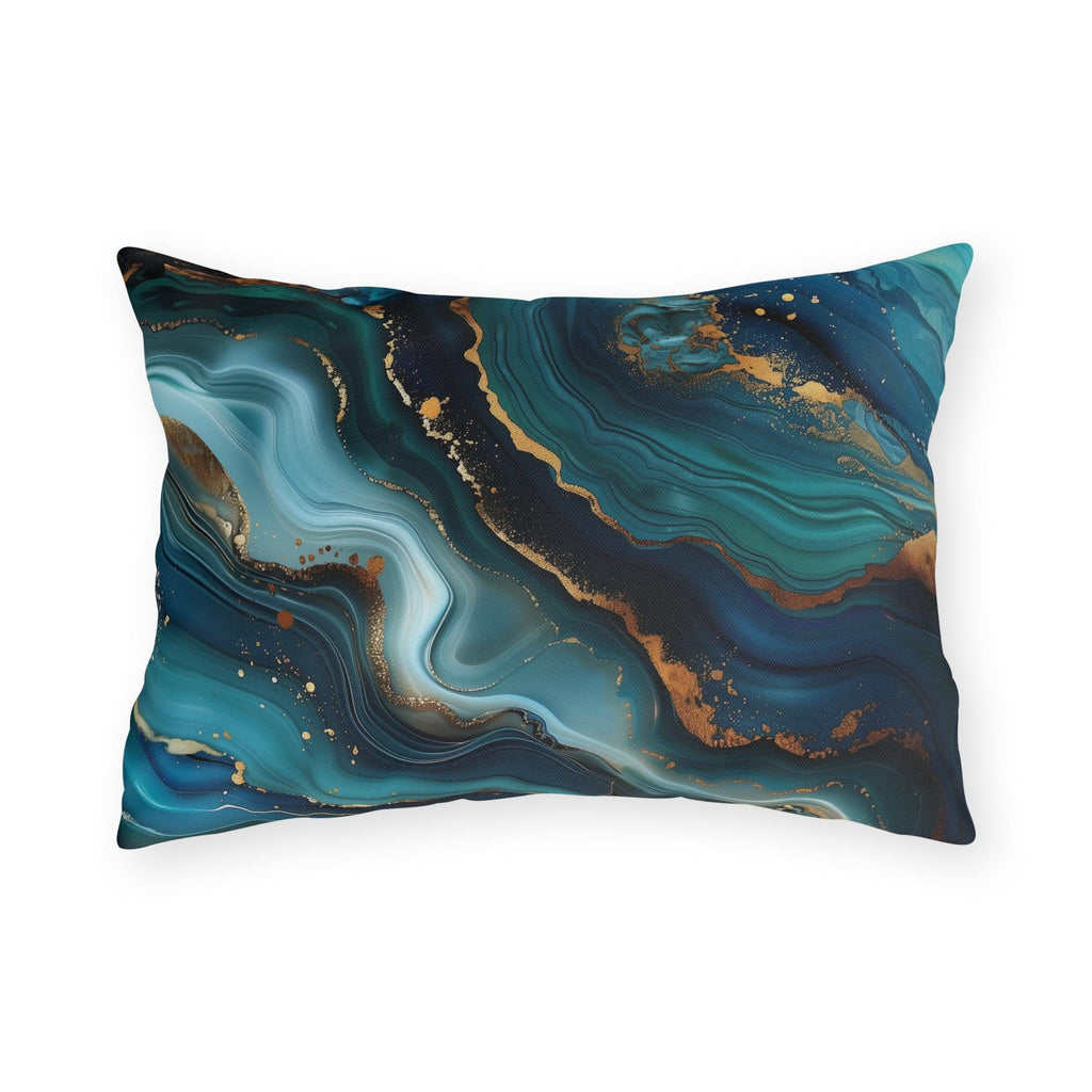 Elegant Ocean Waves Outdoor Pillow, Dark Blue & Teal with Gold Accents, Water-Resistant Patio Cushion