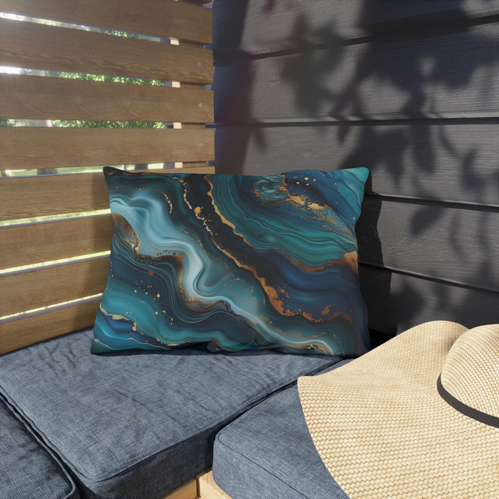 Elegant Ocean Waves Outdoor Pillow, Dark Blue & Teal with Gold Accents, Water-Resistant Patio Cushion
