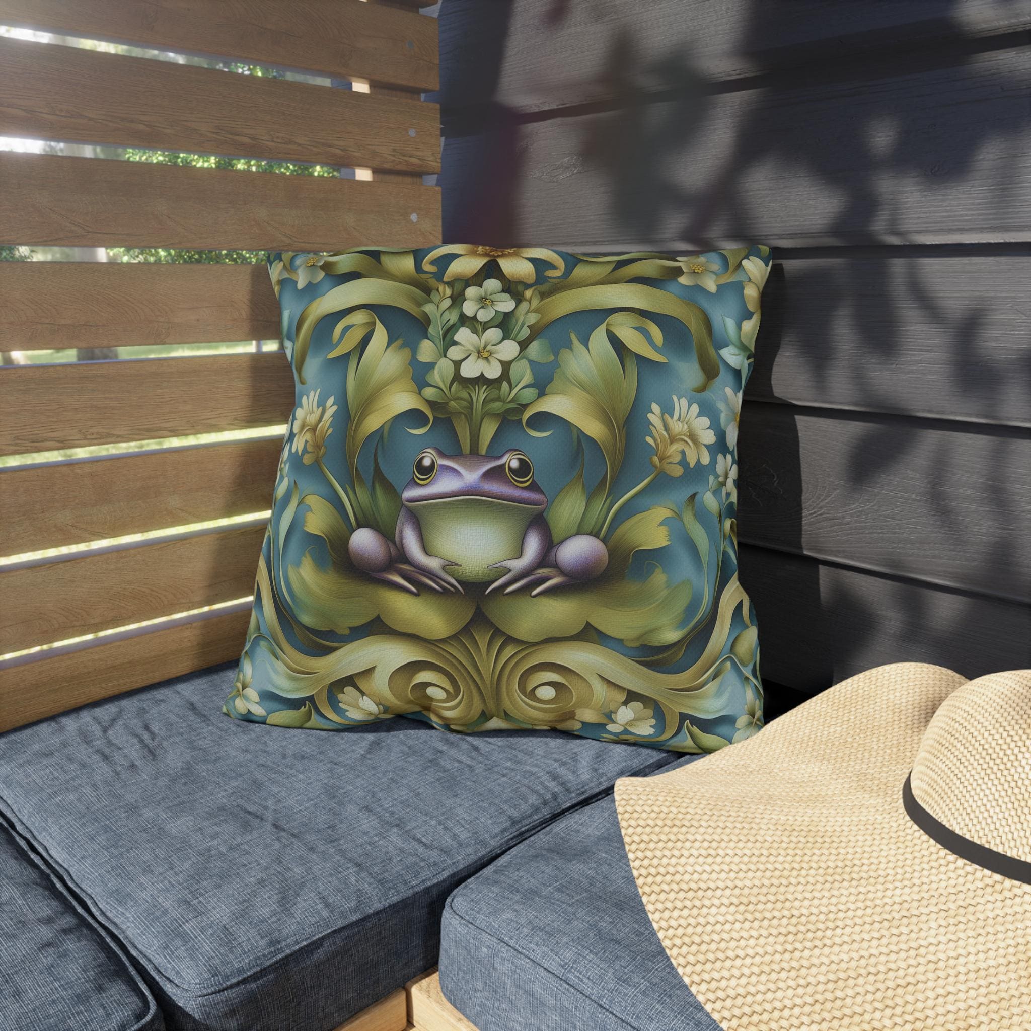 Elegant Art Nouveau Frog Pillow: Weather-Resistant Garden Decor, Nature-Inspired Patio Cushion