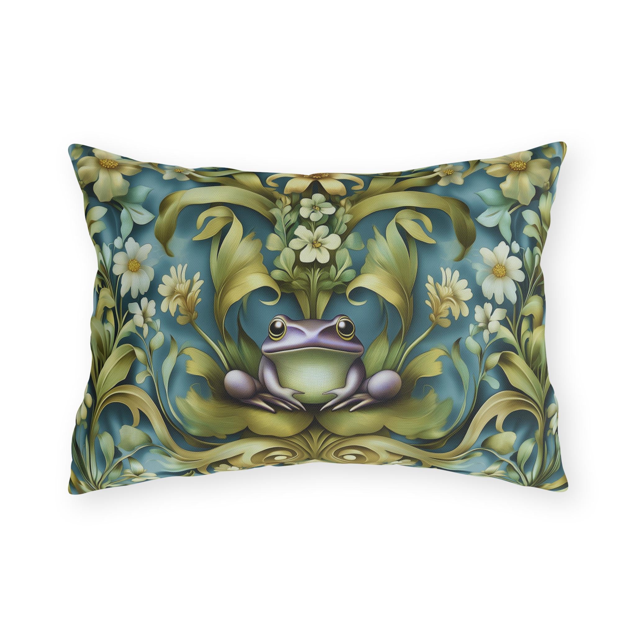 Elegant Art Nouveau Frog Pillow: Weather-Resistant Garden Decor, Nature-Inspired Patio Cushion
