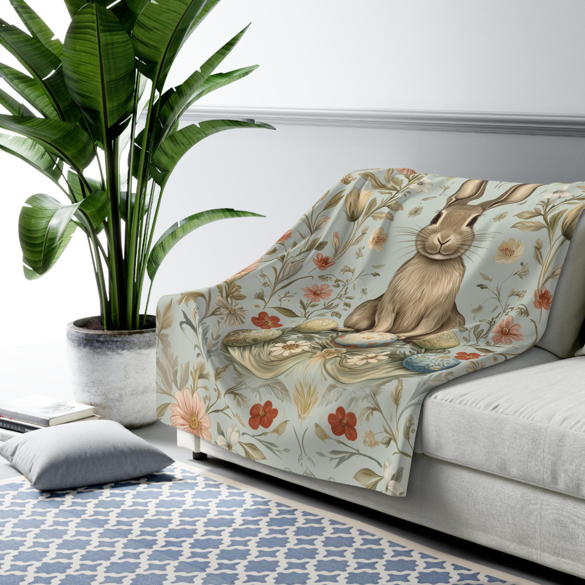Vintage-Inspired Easter Bunny Fleece Throw: William Morris Floral Art, Pastel Blue Spring Decor