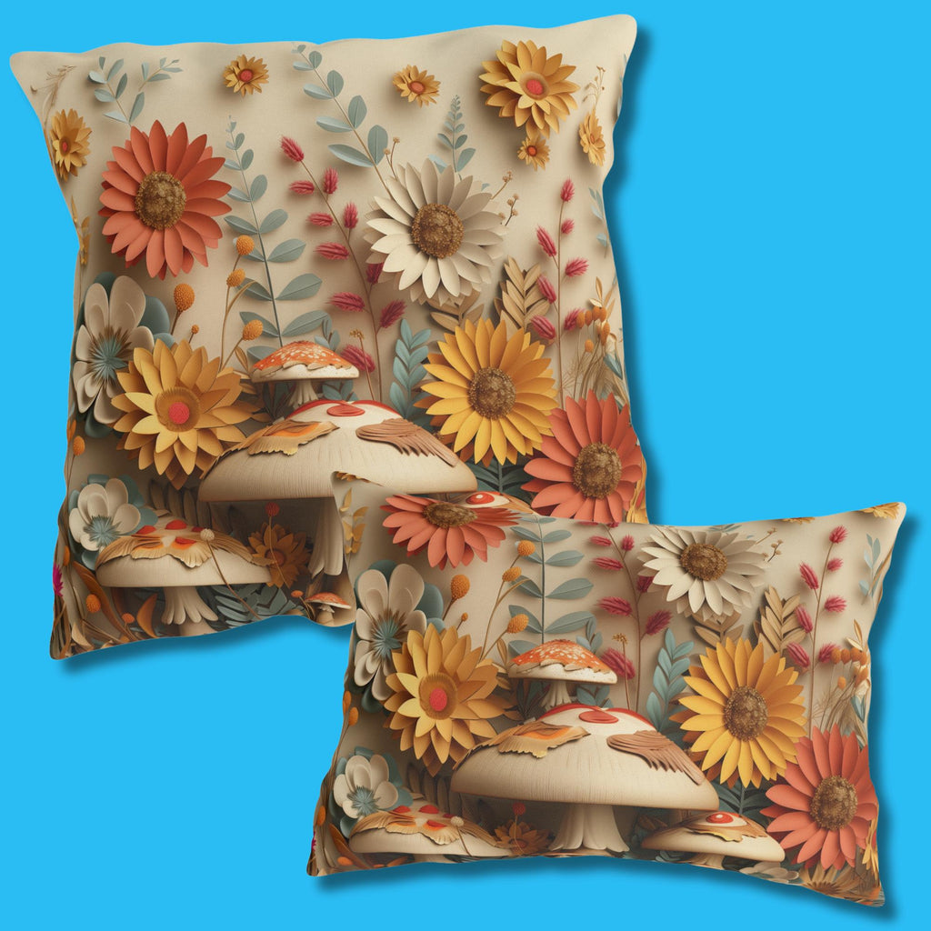 Whimsical Botanical Mushroom Outdoor Pillow: Nature-Inspired Garden Accent for Cozy Patio Decor