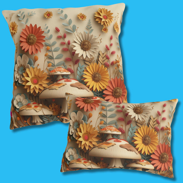 Whimsical Botanical Mushroom Outdoor Pillow: Nature-Inspired Garden Accent for Cozy Patio Decor