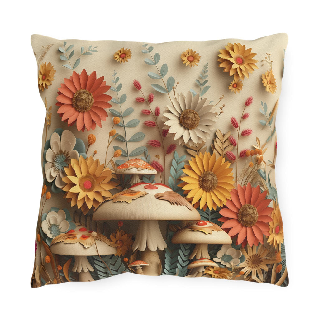 Whimsical Botanical Mushroom Outdoor Pillow: Nature-Inspired Garden Accent for Cozy Patio Decor