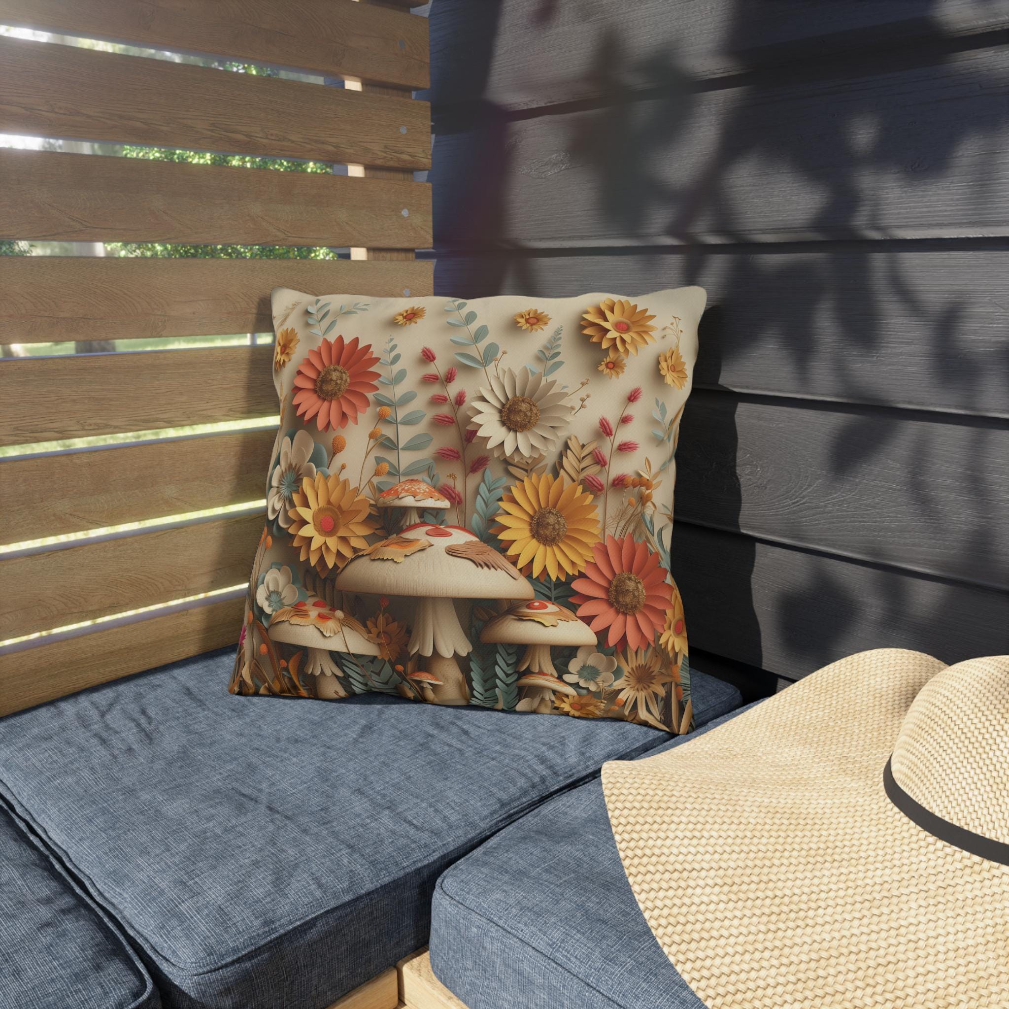Whimsical Botanical Mushroom Outdoor Pillow: Nature-Inspired Garden Accent for Cozy Patio Decor