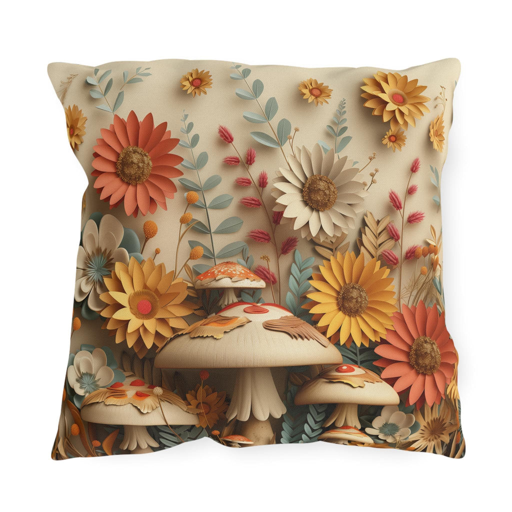 Whimsical Botanical Mushroom Outdoor Pillow: Nature-Inspired Garden Accent for Cozy Patio Decor