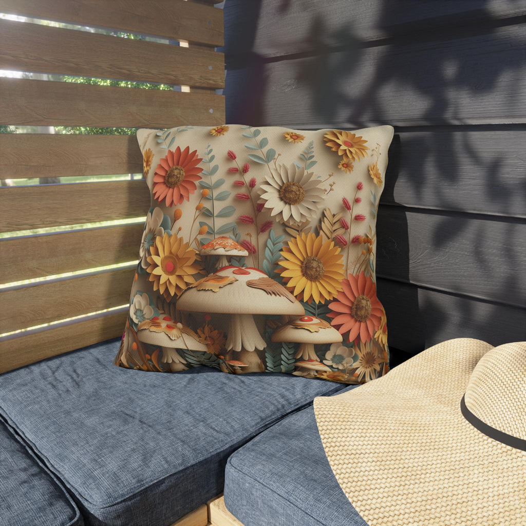 Whimsical Botanical Mushroom Outdoor Pillow: Nature-Inspired Garden Accent for Cozy Patio Decor