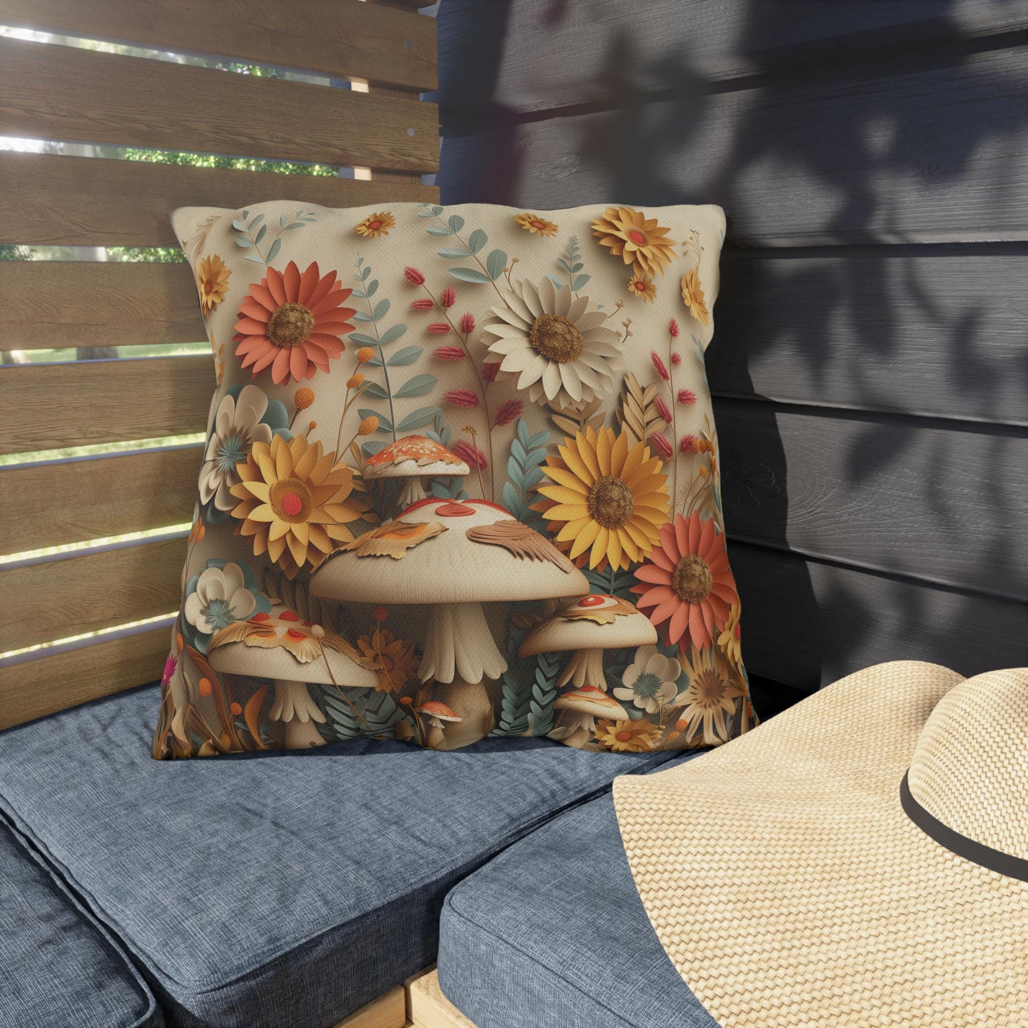 Whimsical Botanical Mushroom Outdoor Pillow: Nature-Inspired Garden Accent for Cozy Patio Decor