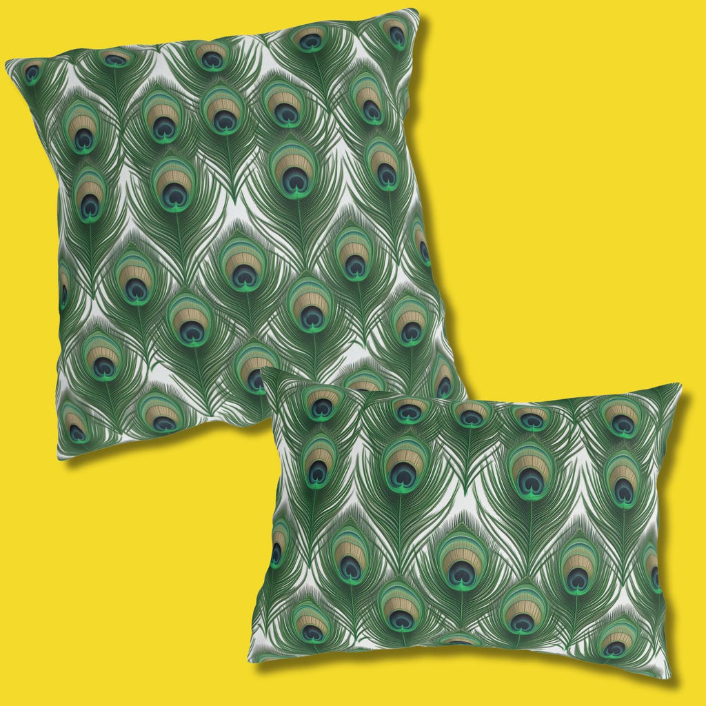 Elegant Peacock Feather Outdoor Pillow: William Morris Inspired Emerald & Gold Garden Patio Cushion