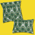 Elegant Peacock Feather Outdoor Pillow: William Morris Inspired Emerald & Gold Garden Patio Cushion