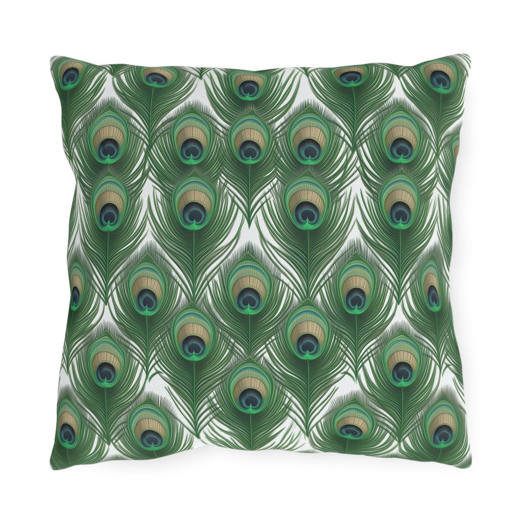 Elegant Peacock Feather Outdoor Pillow: William Morris Inspired Emerald & Gold Garden Patio Cushion