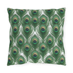 Elegant Peacock Feather Outdoor Pillow: William Morris Inspired Emerald & Gold Garden Patio Cushion