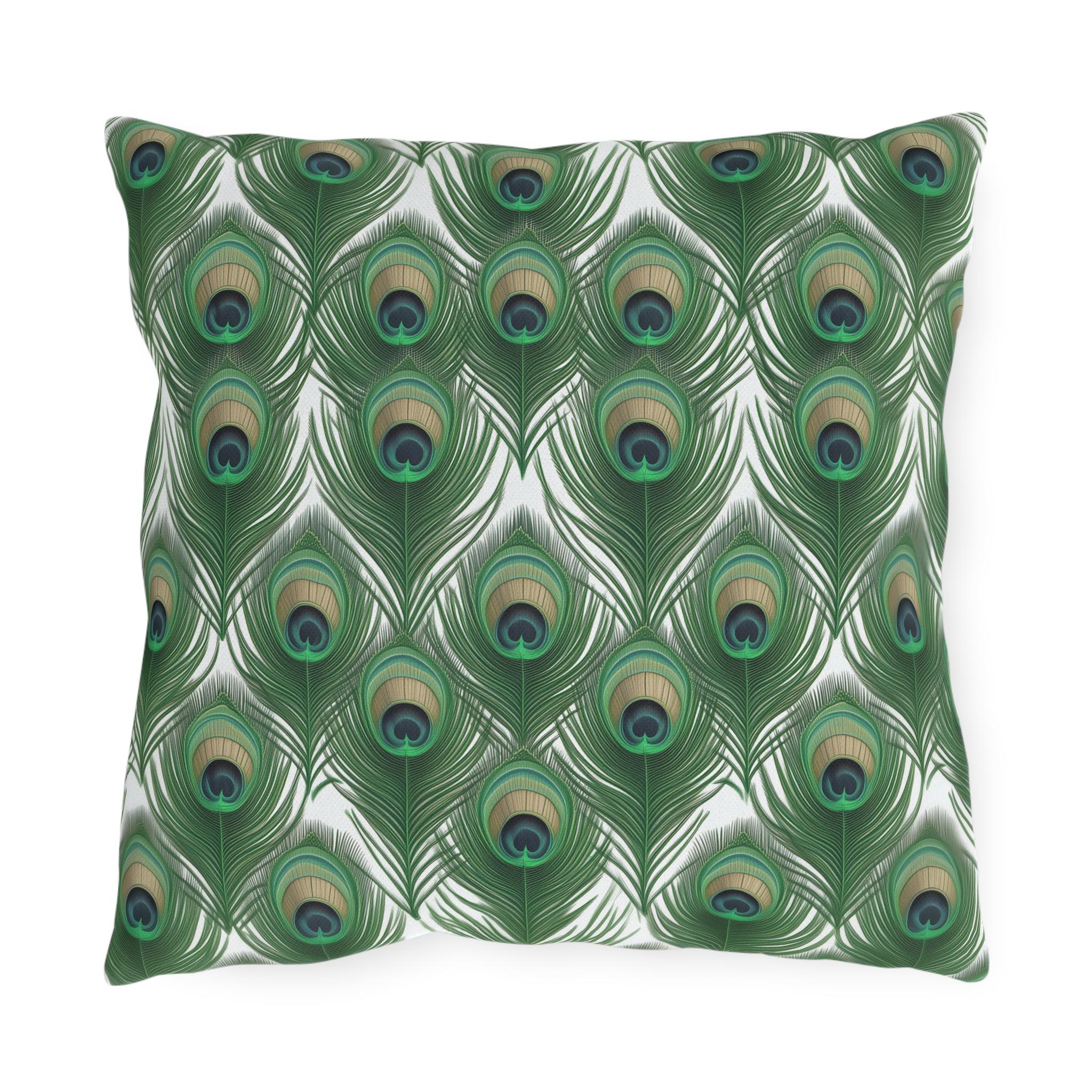 Elegant Peacock Feather Outdoor Pillow: William Morris Inspired Emerald & Gold Garden Patio Cushion
