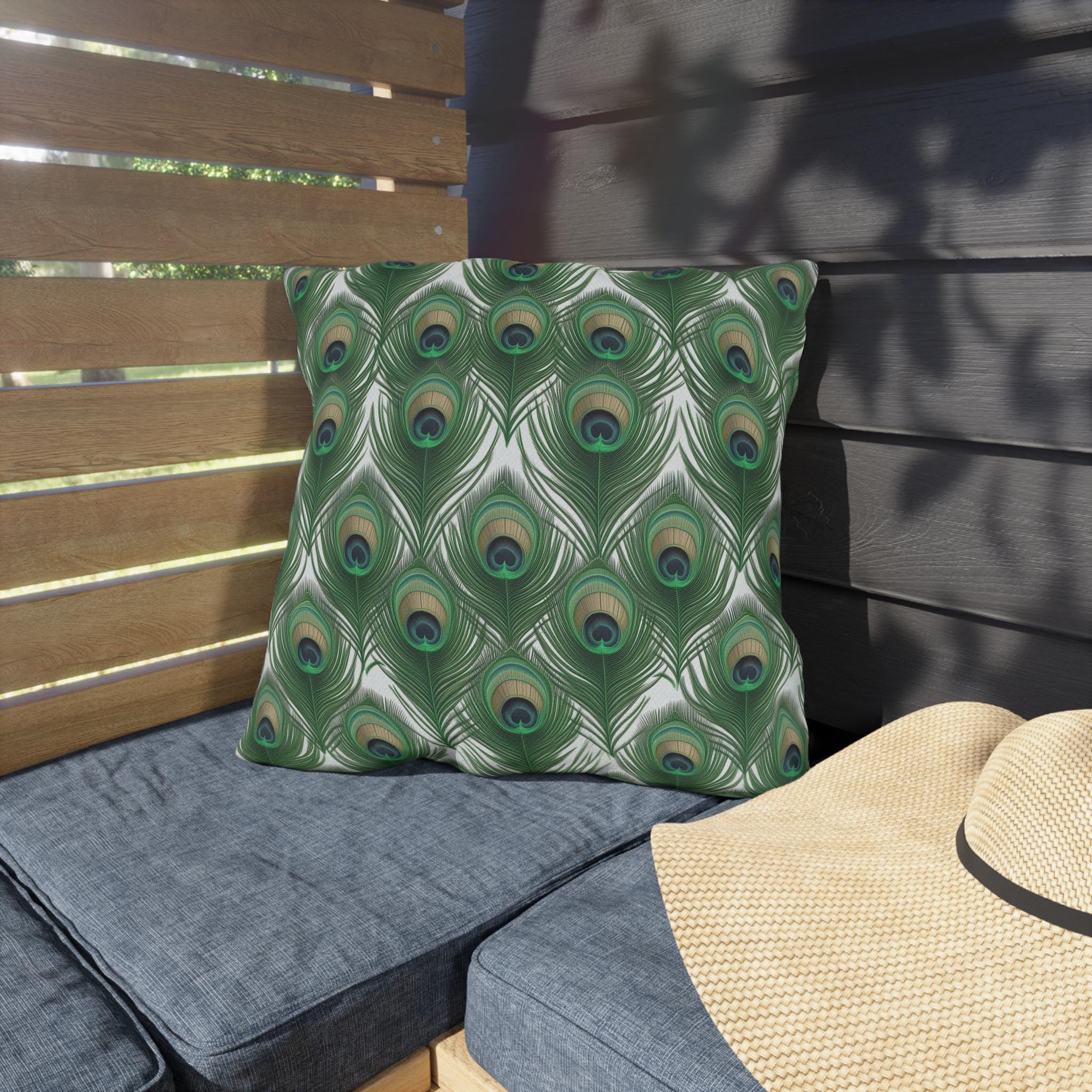 Elegant Peacock Feather Outdoor Pillow: William Morris Inspired Emerald & Gold Garden Patio Cushion
