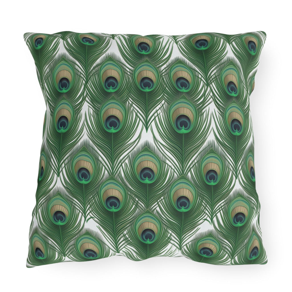 Elegant Peacock Feather Outdoor Pillow: William Morris Inspired Emerald & Gold Garden Patio Cushion
